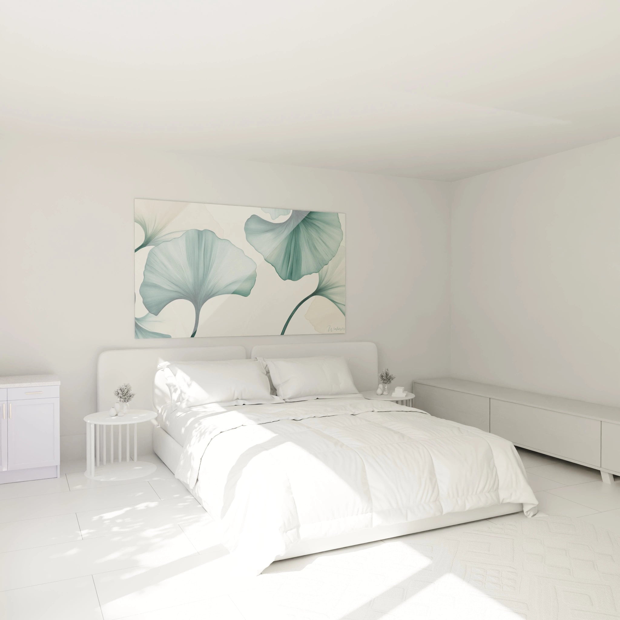 Ce tableau Feuille de ginkgo nature présente de larges feuilles aux nuances vertes et beiges, avec un dégradé subtil. Les textures linéaires ajoutent un effet organique sur un fond clair.