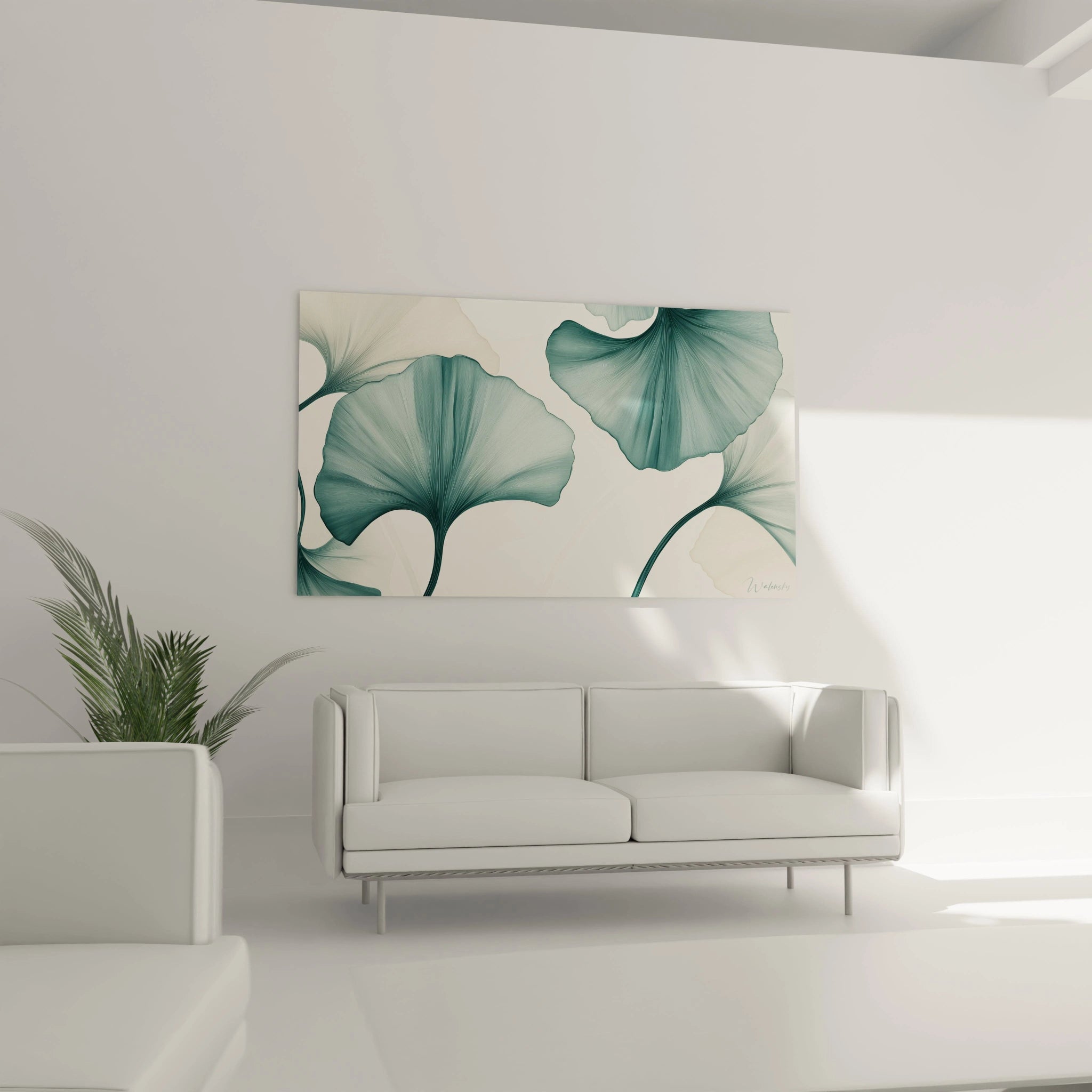 Un tableau Feuille de ginkgo nature reprĂ©sentant des feuilles stylisĂ©es en vert et beige, aux contours fins et dĂ©taillĂ©s. Le fond blanc cassĂ© apporte une luminositĂ© douce Ă lâensemble.