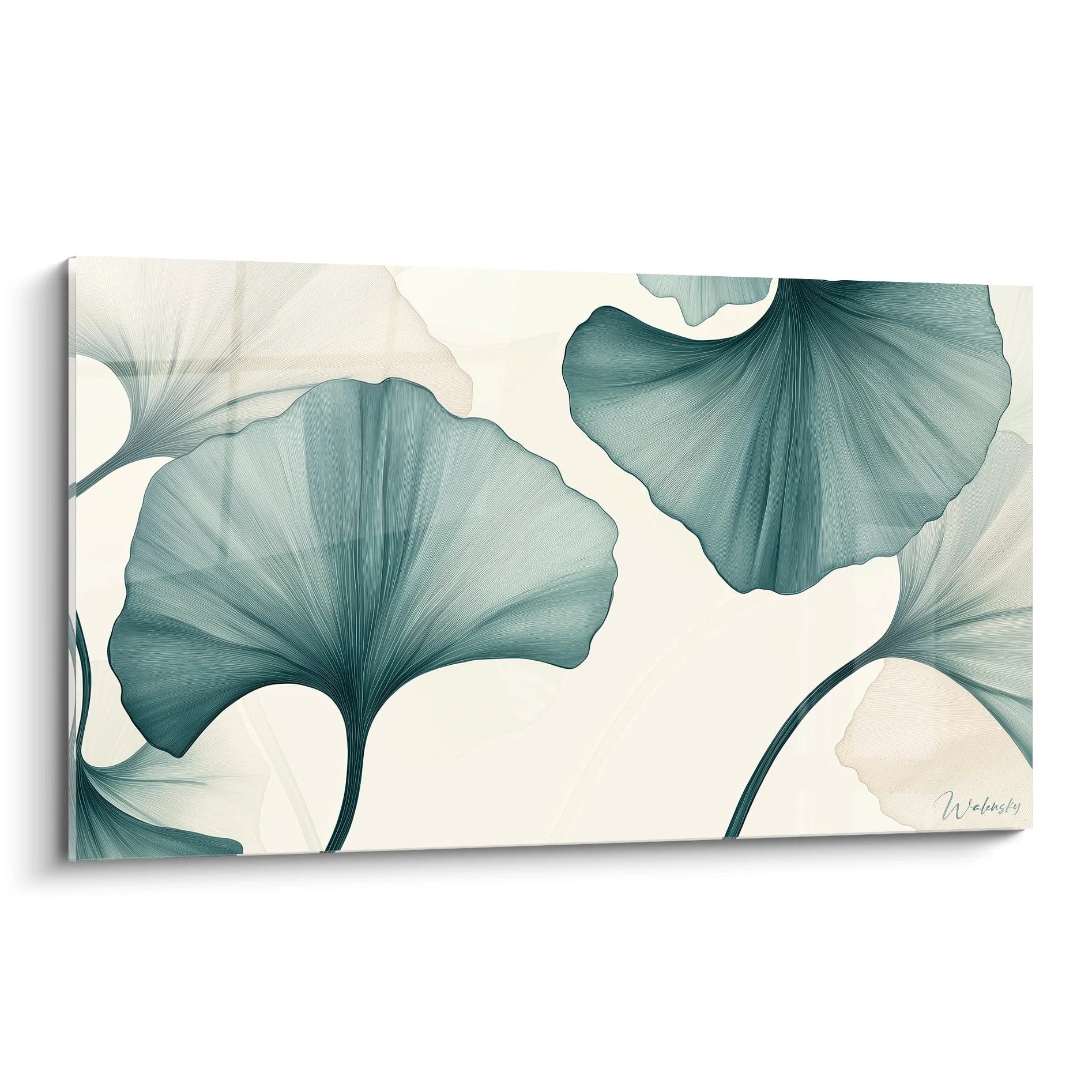 Un tableau Feuille de ginkgo nature montrant des feuilles en éventail aux teintes vertes et beiges, sur un fond blanc texturé. Les traits fins et détaillés créent un effet de mouvement fluide.