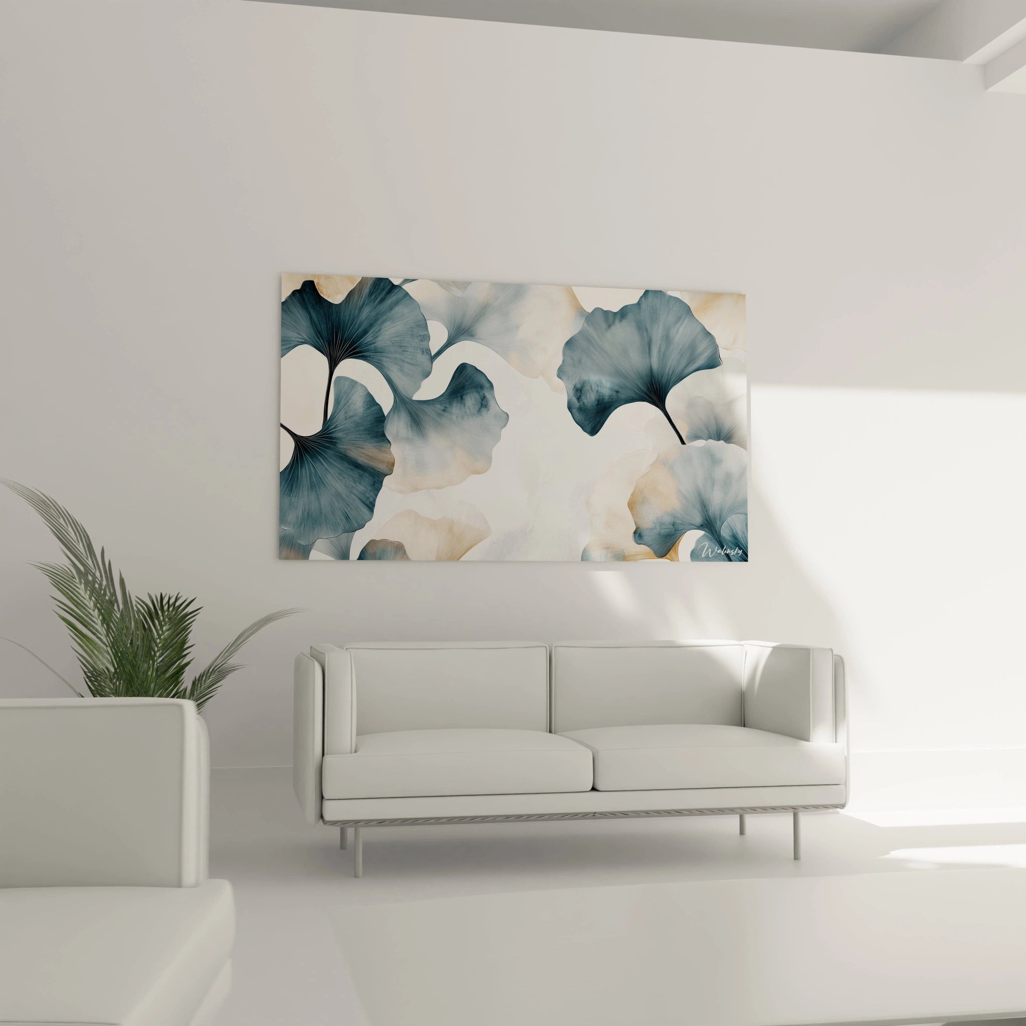 Un tableau Feuille de ginkgo nature représentant des feuilles de ginkgo imbriquées, avec des dégradés de bleu et beige, des lignes détaillées et un effet de texture douce.