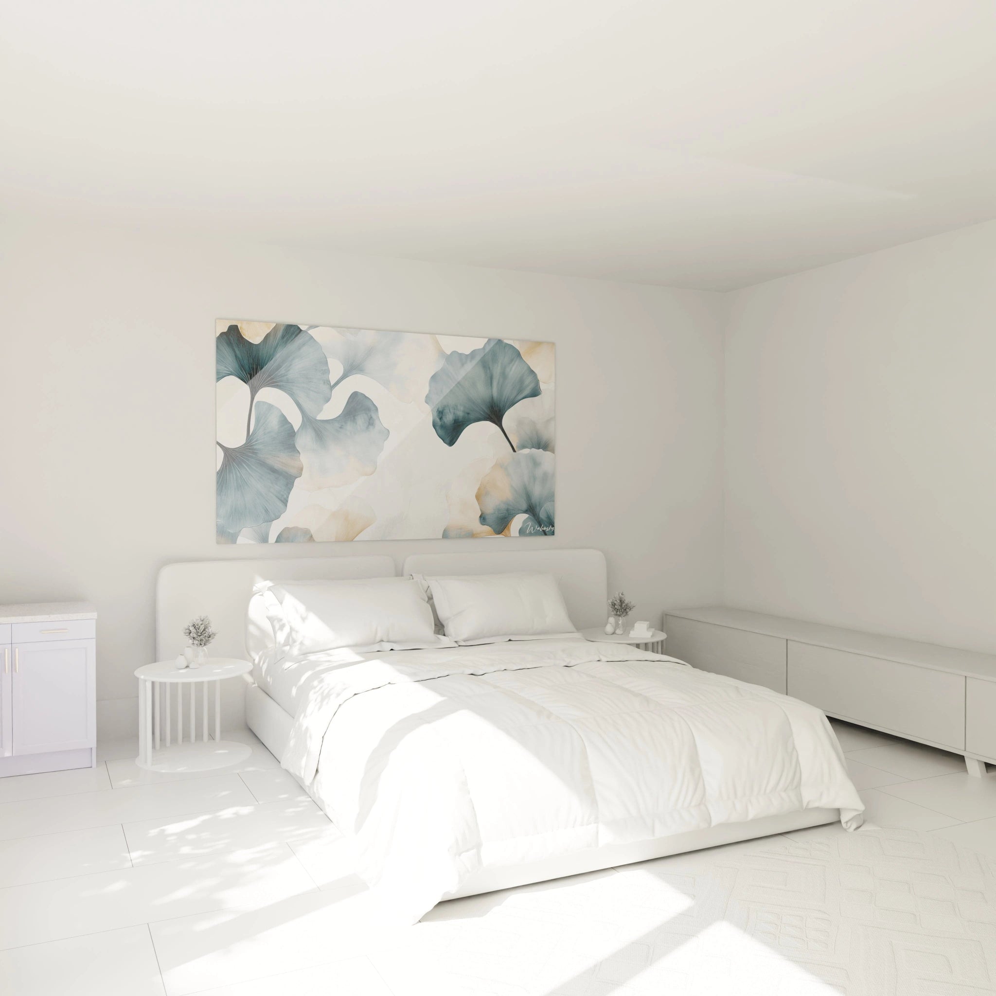 Un tableau Feuille de ginkgo nature illustrant des feuilles de ginkgo aux teintes bleu marine et beige, avec des effets de transparence et des contours précis sur un fond clair.