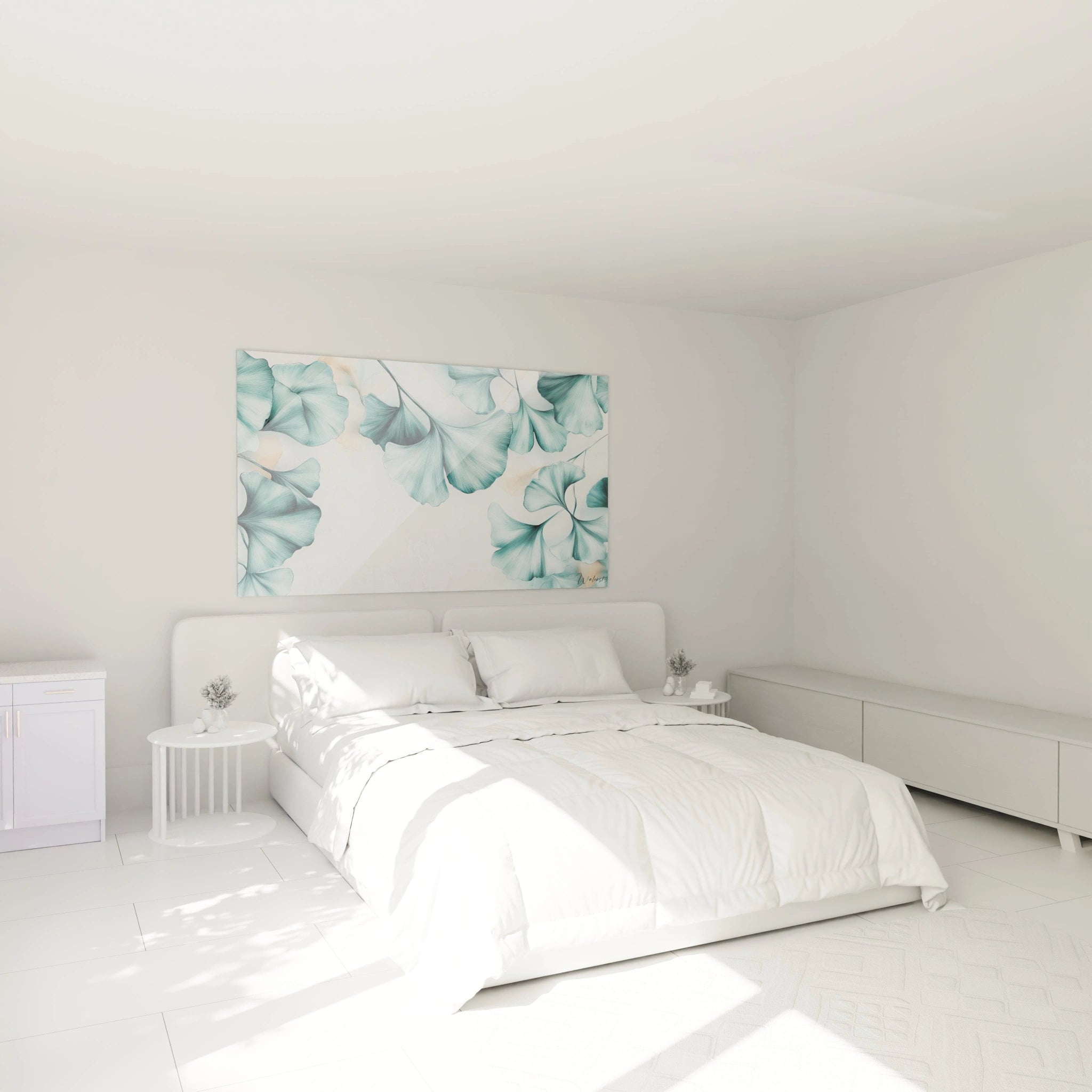 Un tableau Feuille de ginkgo nature représentant un ensemble de feuilles stylisées aux nuances de bleu, beige et blanc, avec des effets de relief créés par des ombrages fins et des lignes courbes.