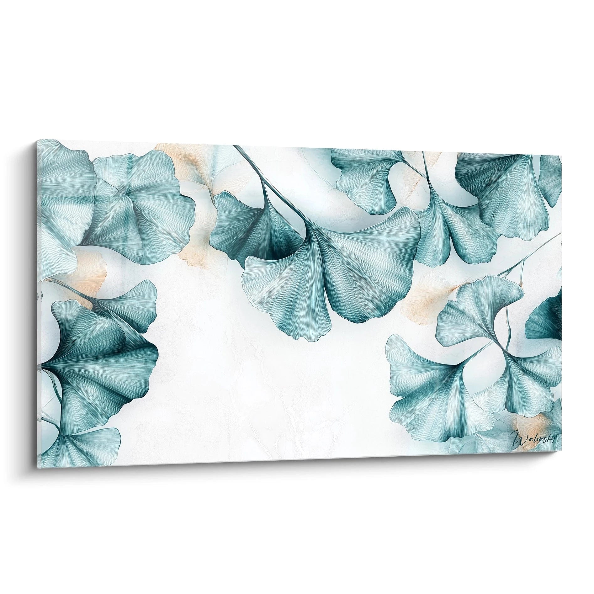 Un tableau Feuille de ginkgo nature illustrant des feuilles en éventail aux teintes bleu-vert et beige, avec des lignes détaillées sur un fond texturé blanc et légÚrement marbré.