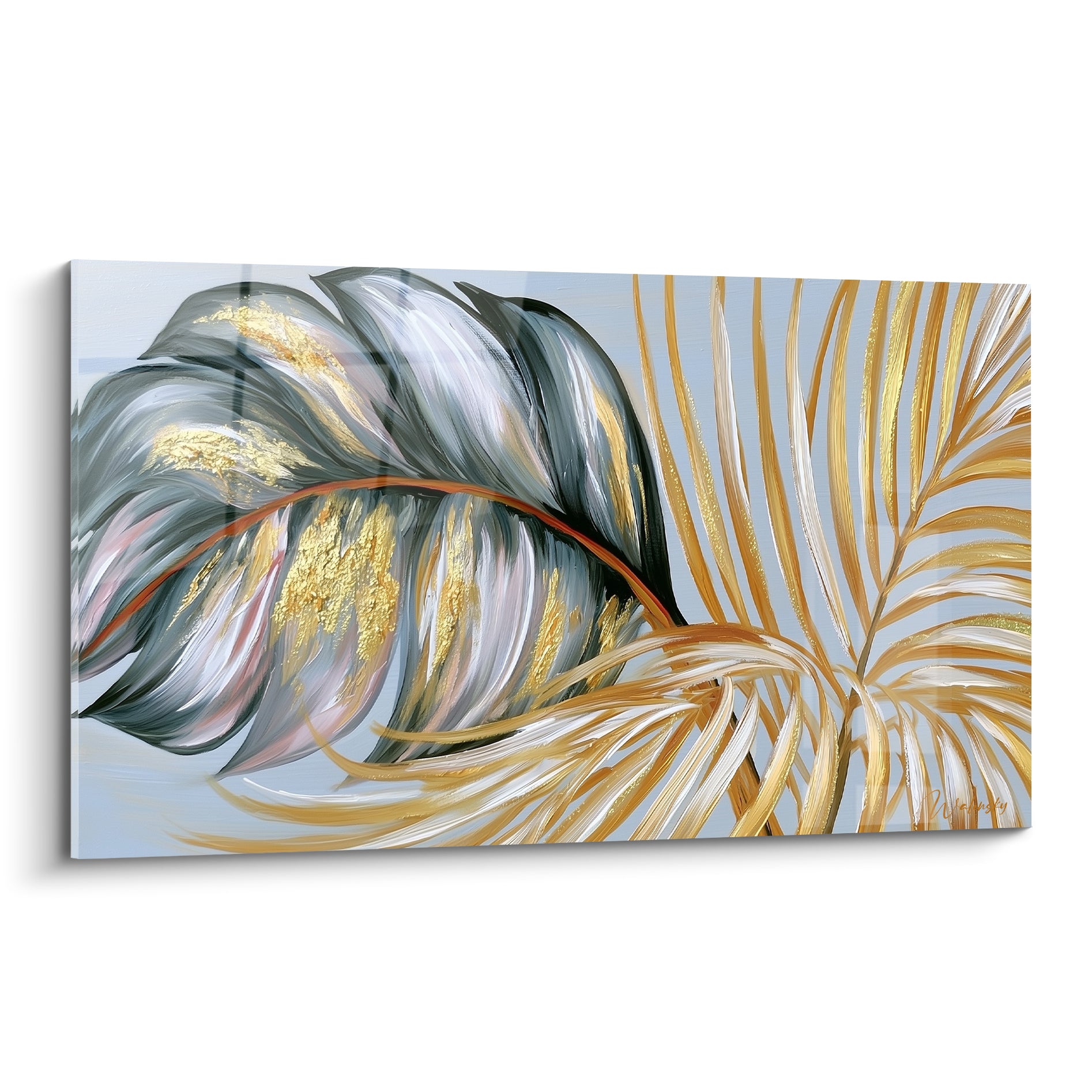 Feuille de palmier anthracite et dorée peinte sur fond bleu pâle avec nervure orangée