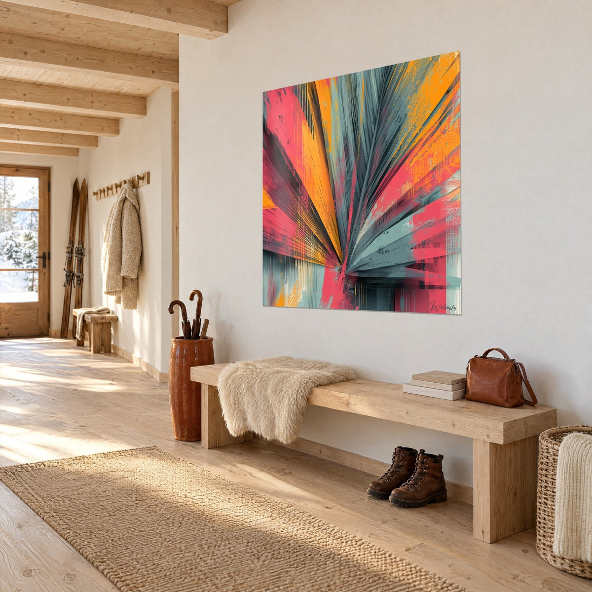 Schilderij gestileerde palm met roze, oranje en leigrijze stralen, verticale druipsporen, aan de witte entreewand van een chalet