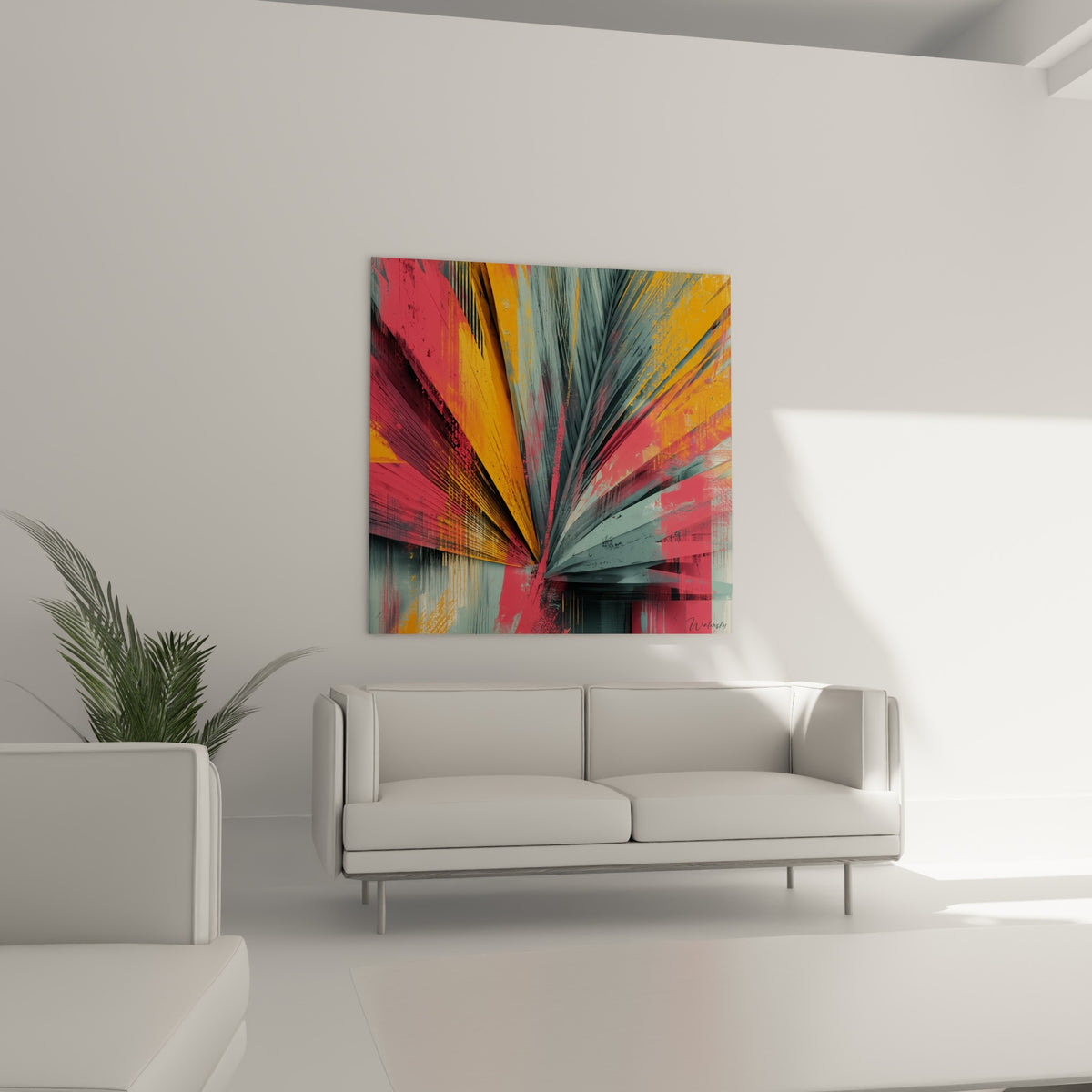Motif végétal orange et rose corail à touches anthracite au-dessus d'un canapé dans un salon lumineux
