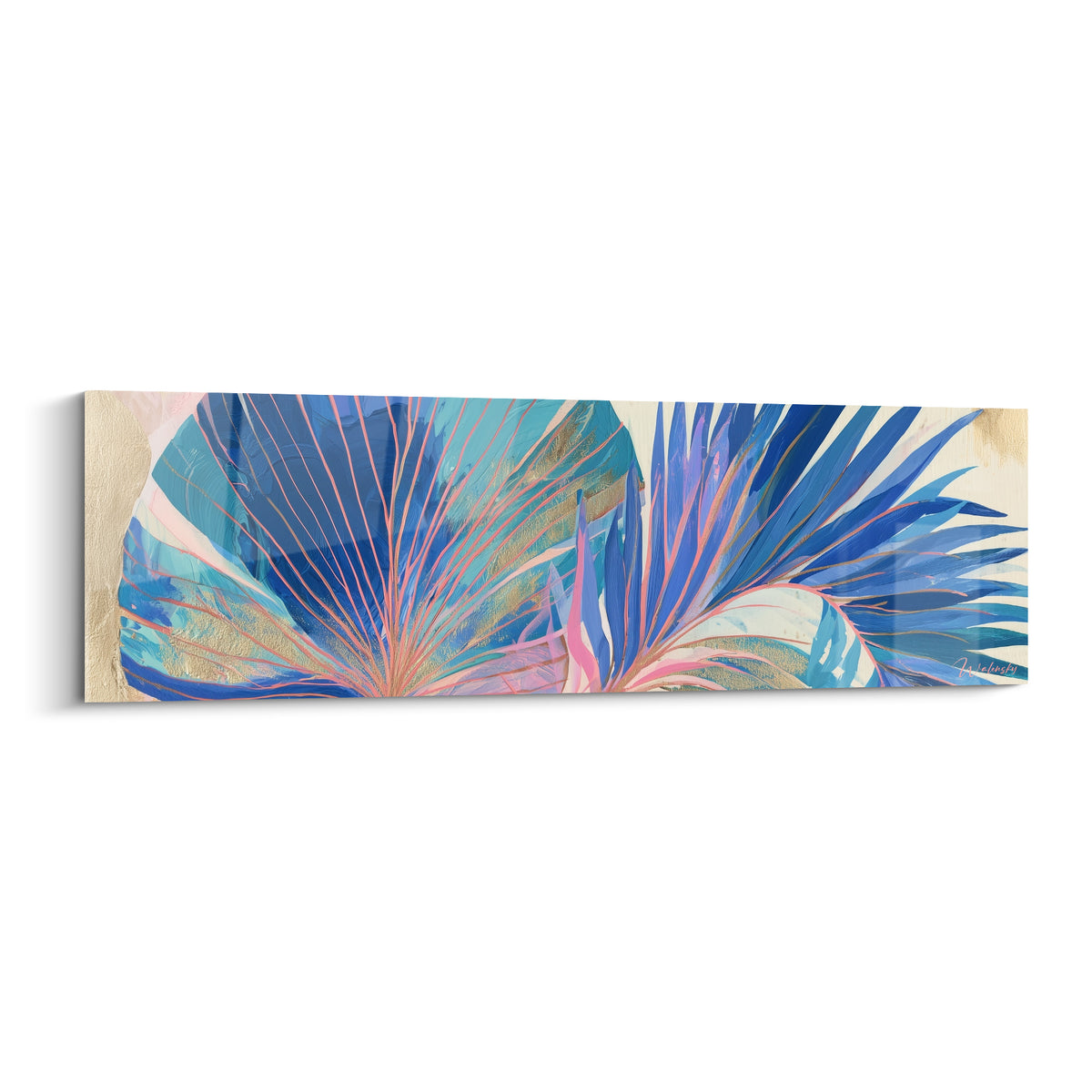 Feuille de palmier bleu marine et rose peinte en éventail avec touches dorées lumineuses