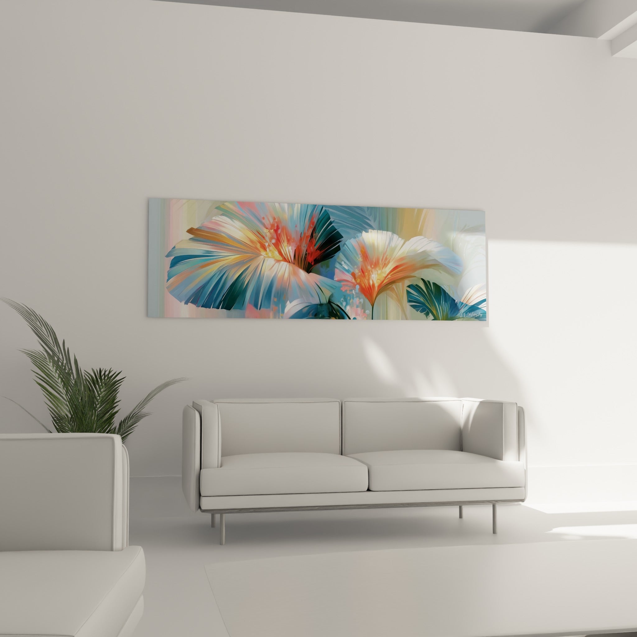 Feuilles de palmier corail et bleu pétrole disposées au-dessus d'un canapé dans un salon lumineux