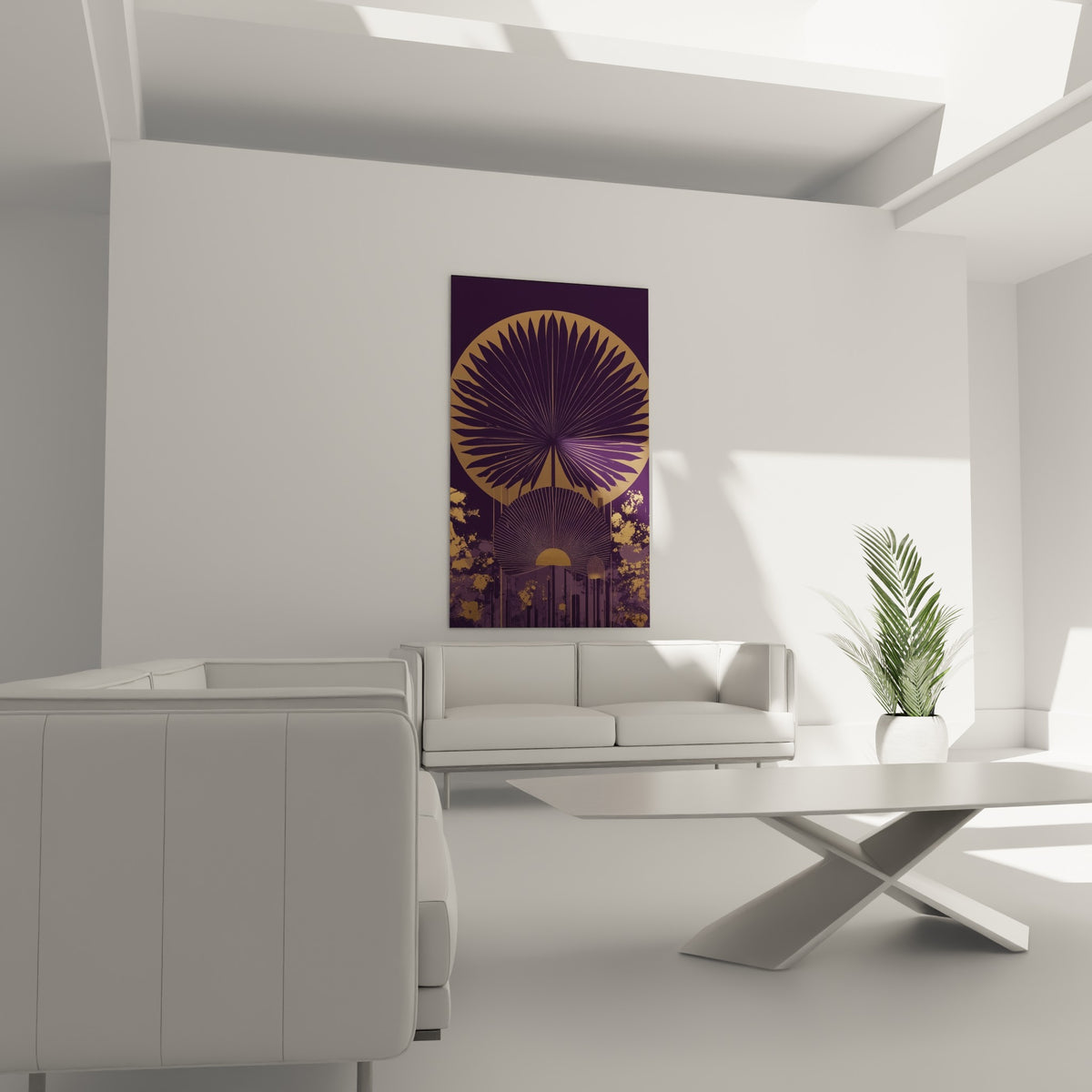 Motif géométrique feuille de palmier ocre et aubergine, tableau au-dessus d'un canapé dans un salon lumineux