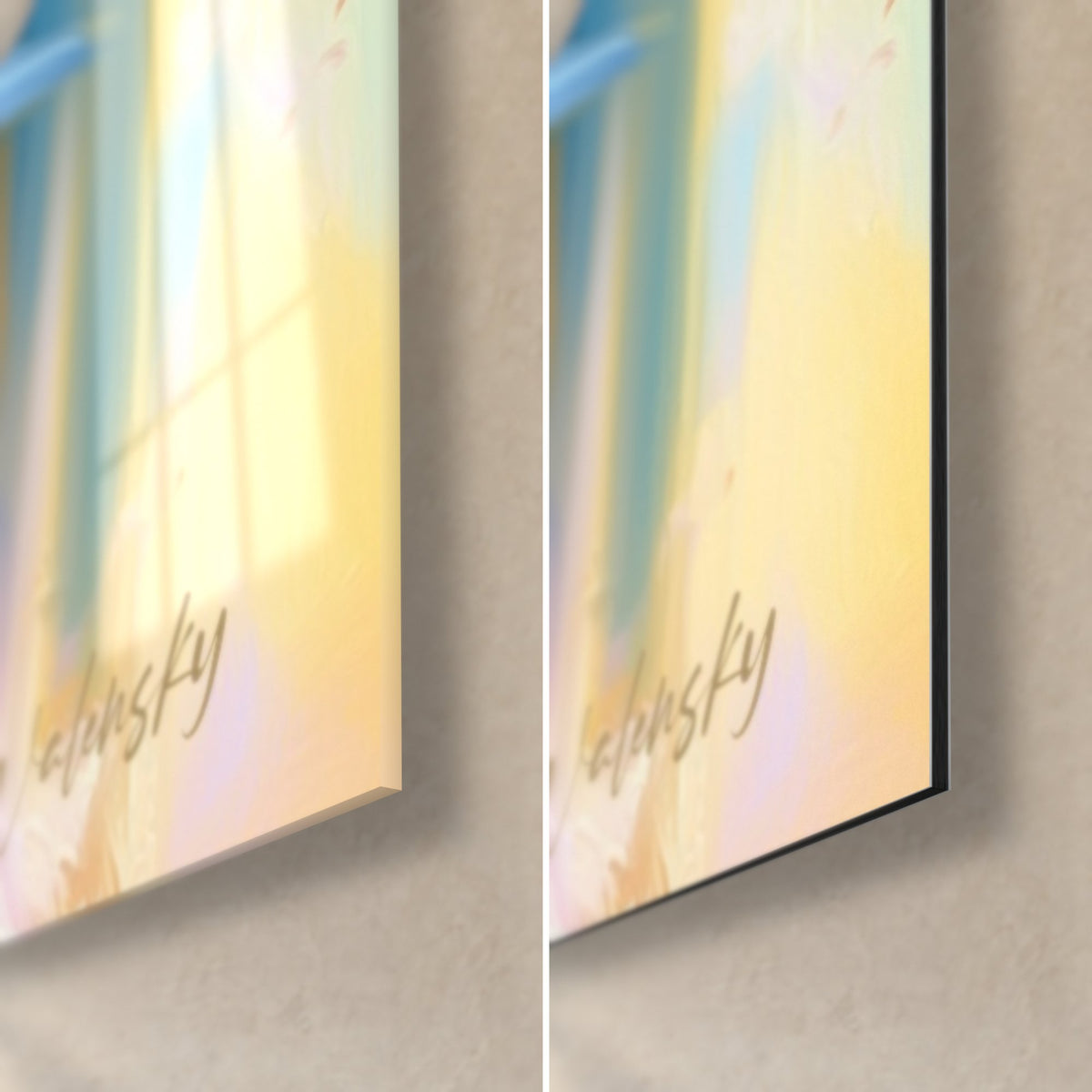 Schilderij palmblad in blauw en roze, rechtsonder: reflecties op het glanzende glas, mat zwart Dibond-aluminium, rand van 3 mm