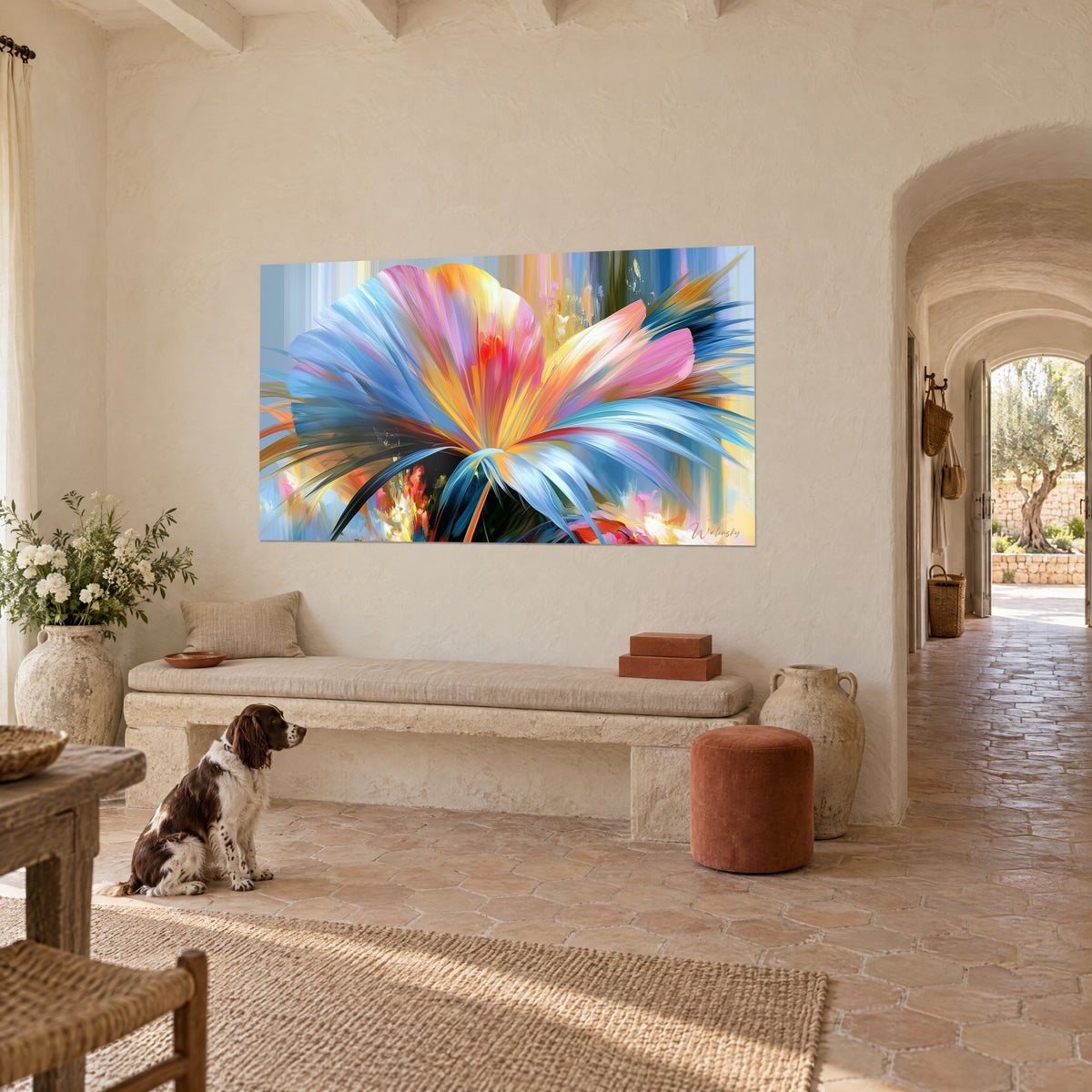 Schilderij palmtak in een explosie van blauwe, roze en oranje bloemblaadjes, achtergrond van lichte vlekken, Provençaals landhuis, zittende spaniël