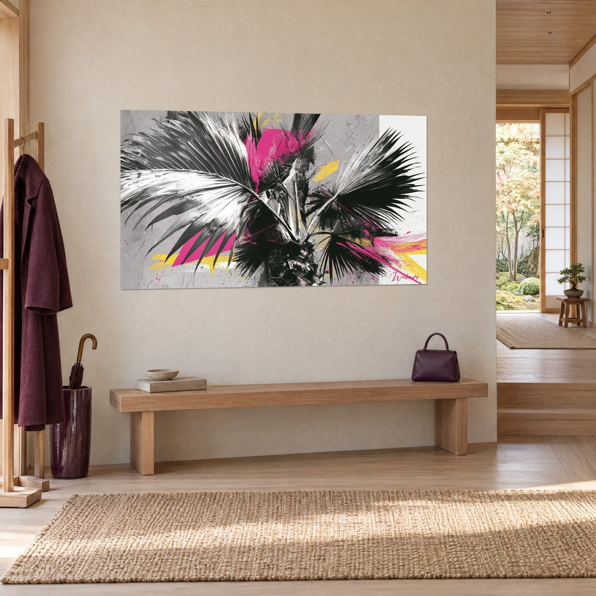 Wall art tropical eruption with charcoal grey and off-white palm fronds, pink and yellow bursts, beige wall, wooden bench, japandi entryway