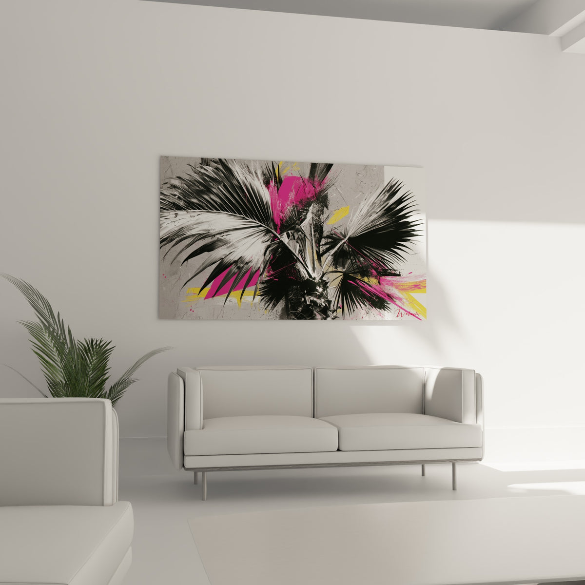 Feuillage tropical noir traversé de rose vif de la feuille de palmier accroché au-dessus d'un canapé dans un salon lumineux