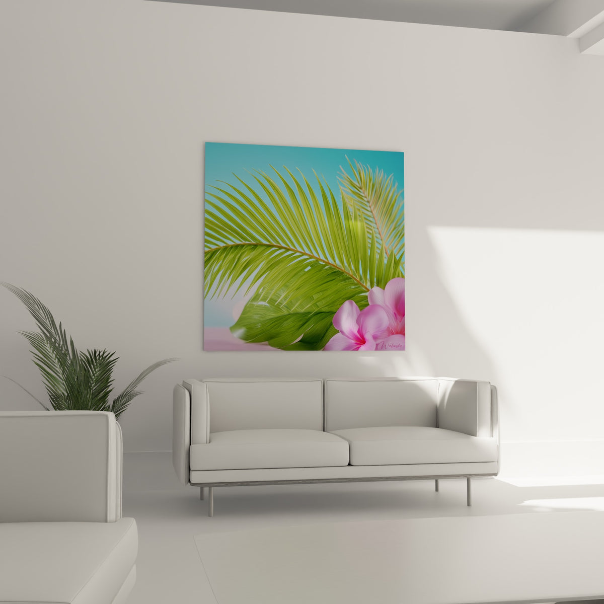 Feuillage vert tendre et pétales roses délicats disposés au-dessus d'un canapé dans un salon lumineux