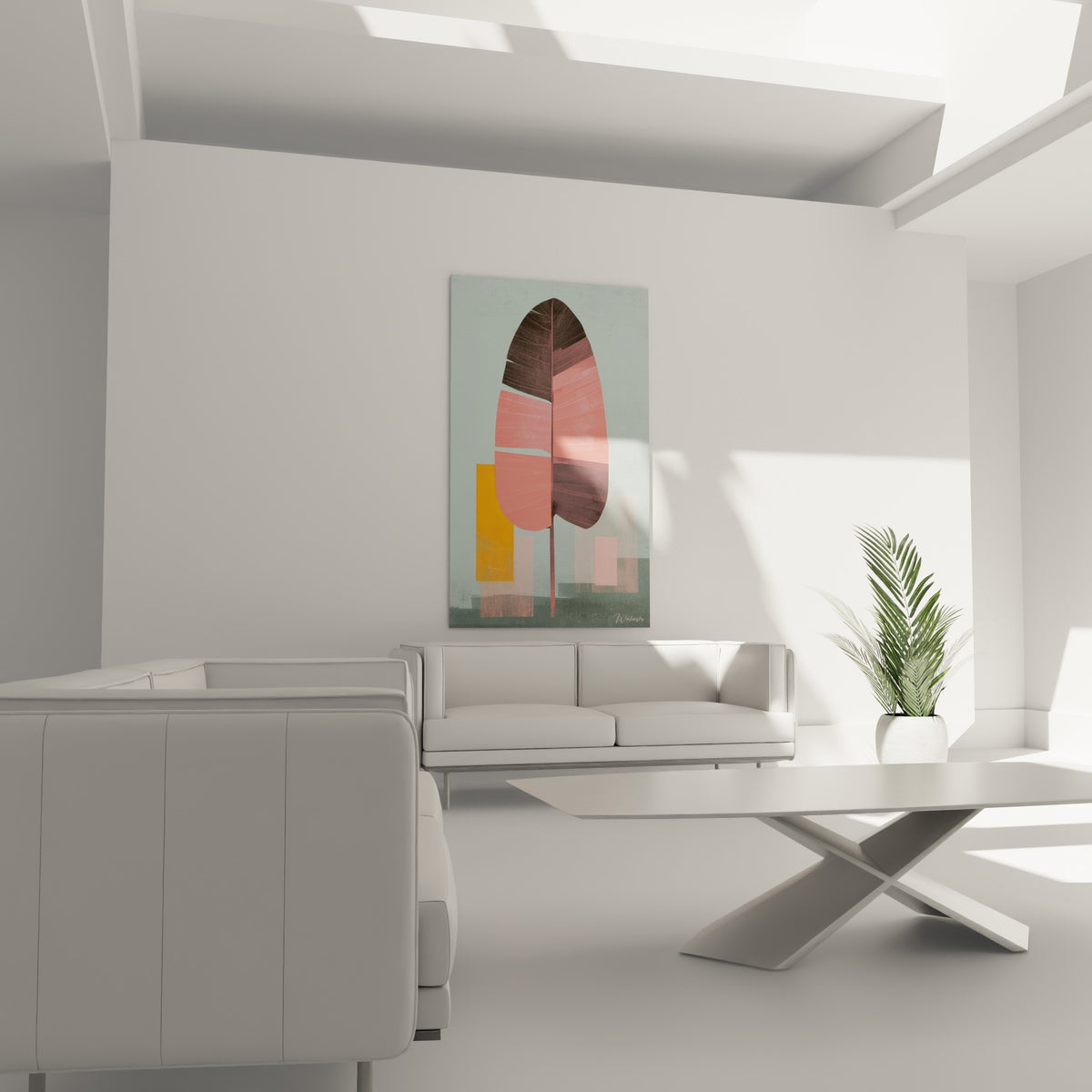 Motif botanique rose corail et jaune moutarde disposé au-dessus d'un canapé dans un salon lumineux
