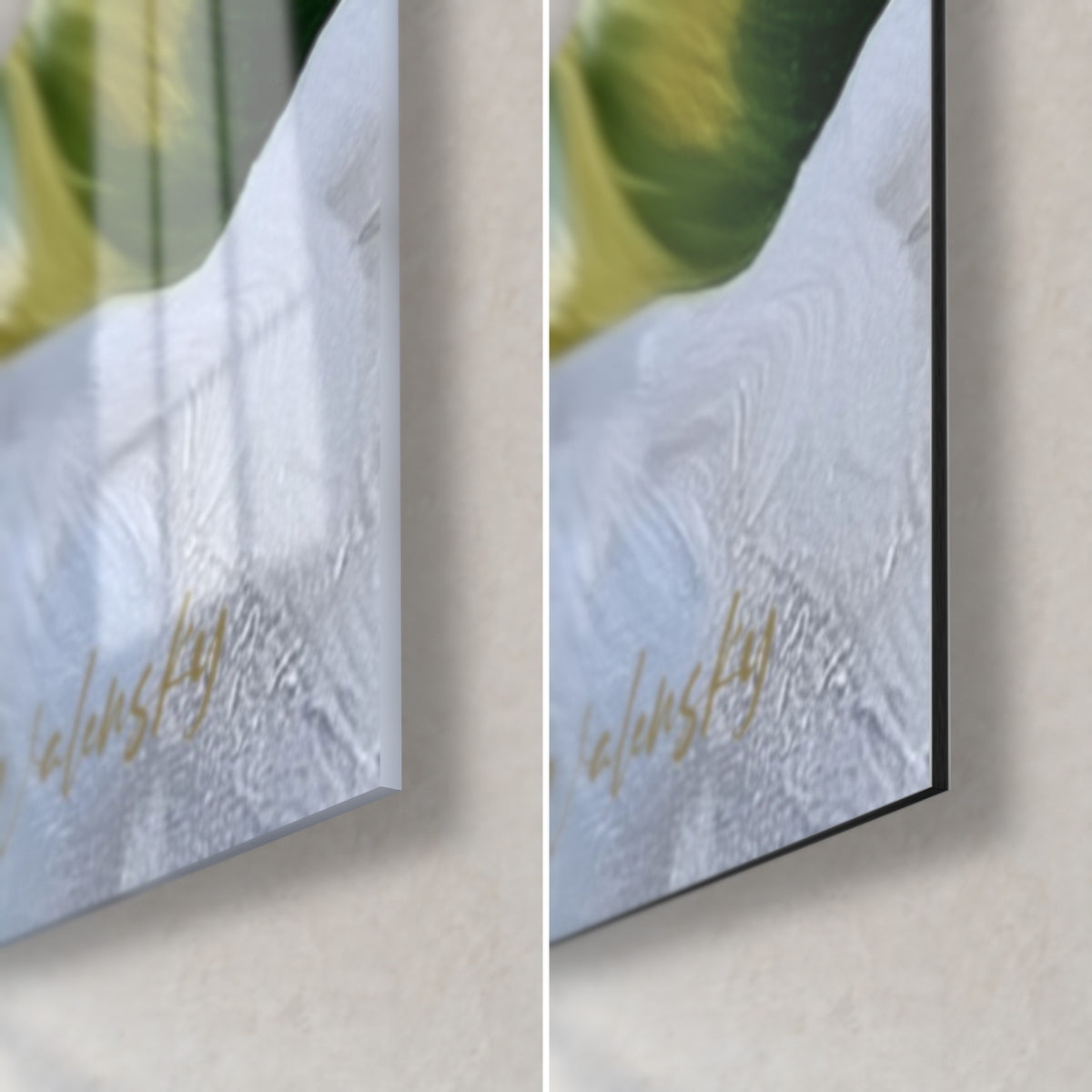 Gemälde mit goldenem Palmenblatt, untere rechte Ecke: glänzendes Acrylglas links, matt silbernes Dibond rechts, 3 mm Kante
