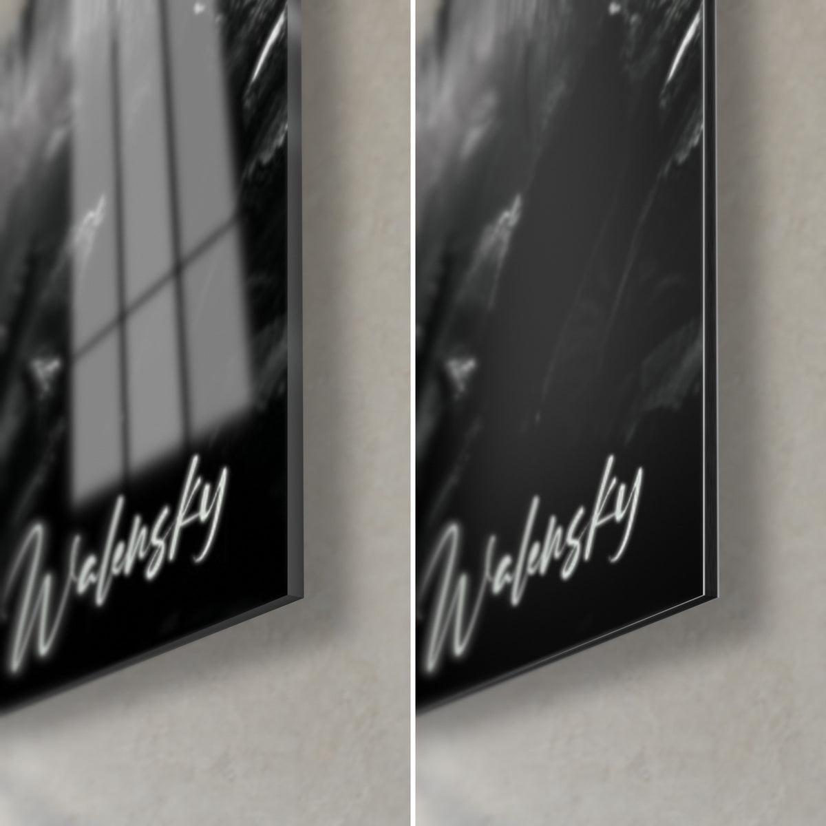 Wall art black and silver palm tree, bottom right corner: glossy acrylic glass on the left, matte grey Dibond on the right, 3 mm edge