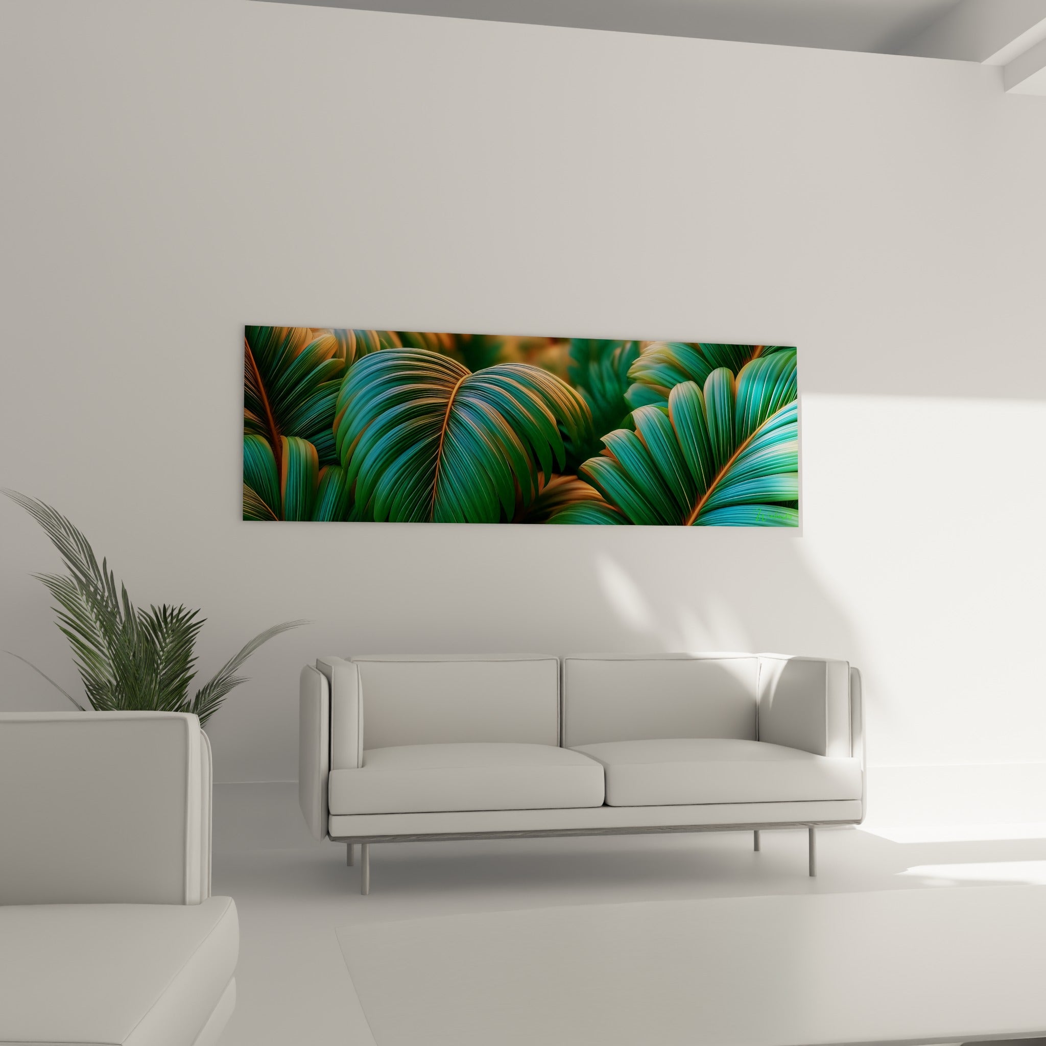 Frondes émeraude et touches cuivrées accrochées au-dessus d'un canapé dans un salon lumineux