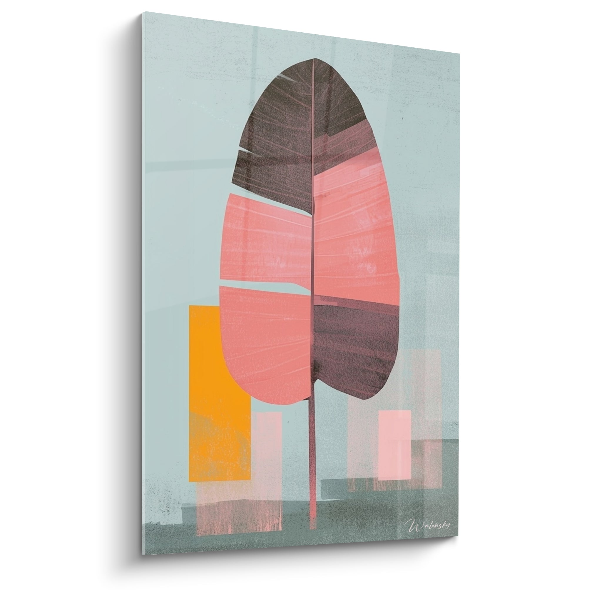 Feuille de palmier rose corail et anthracite sur fond bleu pastel, composition graphique tropicale
