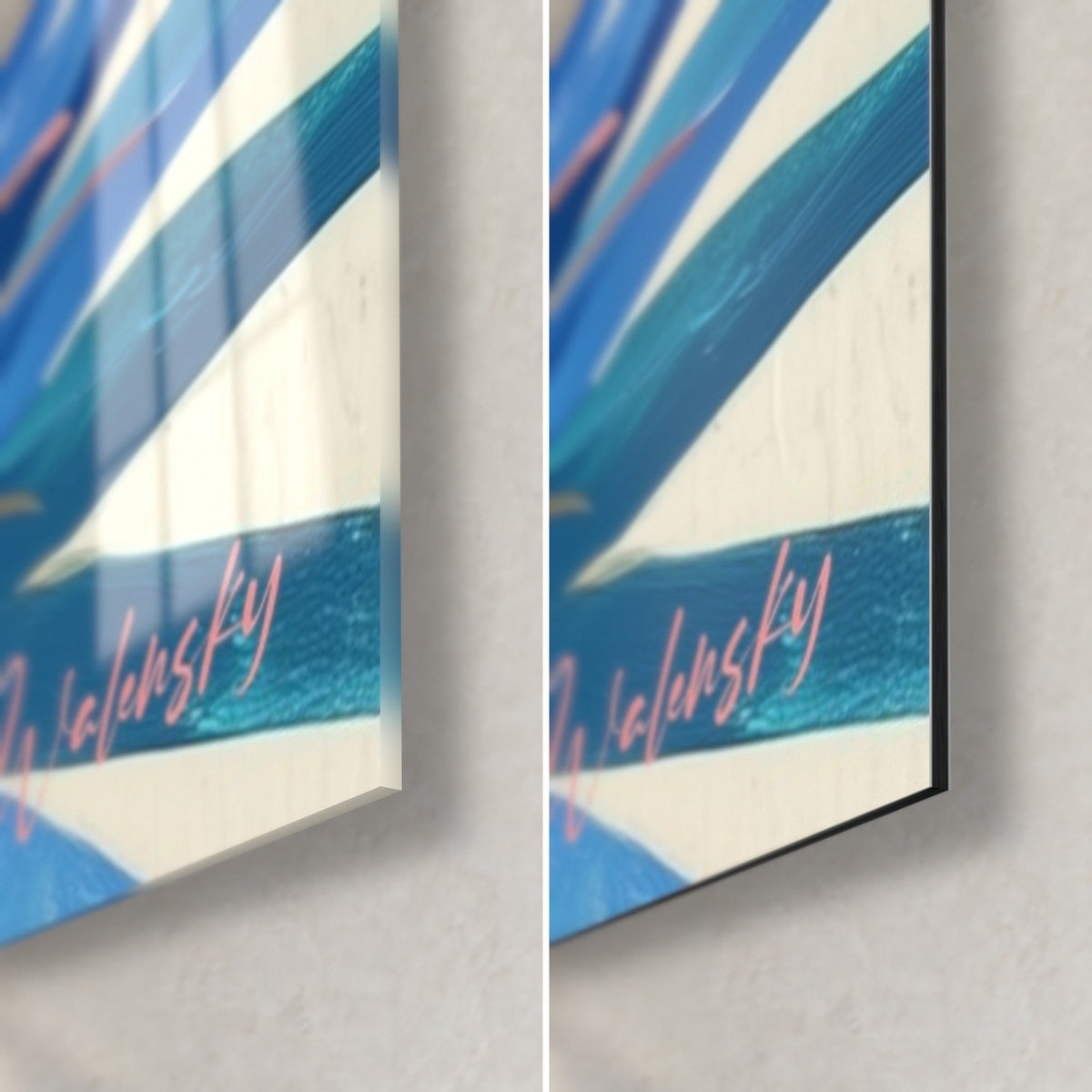 Wall art turquoise blue and cream palm fronds, Walensky pink signature, bottom right corner: glossy acrylic glass on the left, matte black Dibond on the right