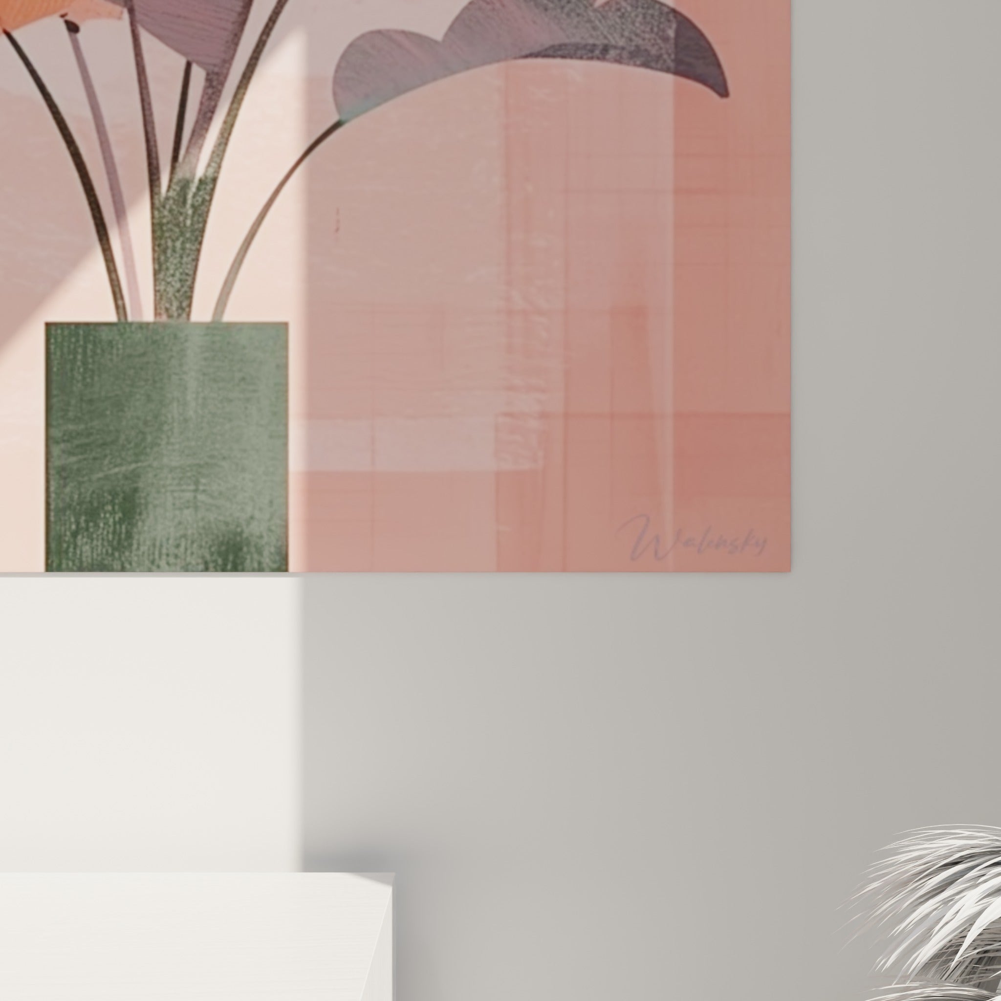 Détail des feuilles texturées rose corail et anthracite montrant le grain granuleux de l'impression