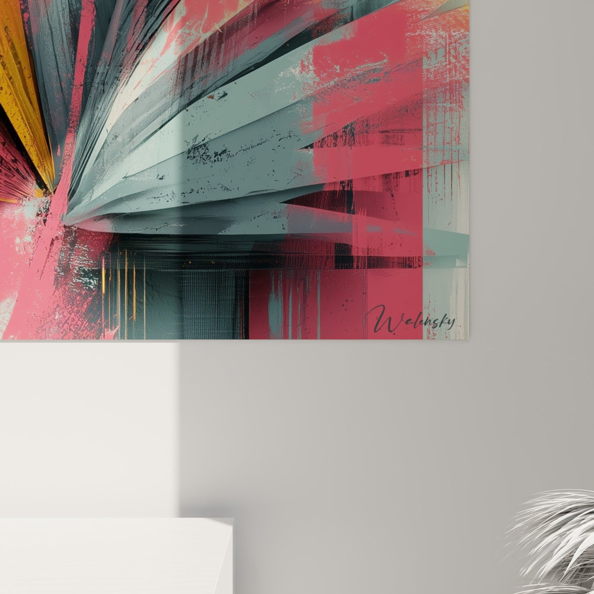 Nervures peintes en orange, rose et gris anthracite avec empâtements visibles sur la toile accrochée
