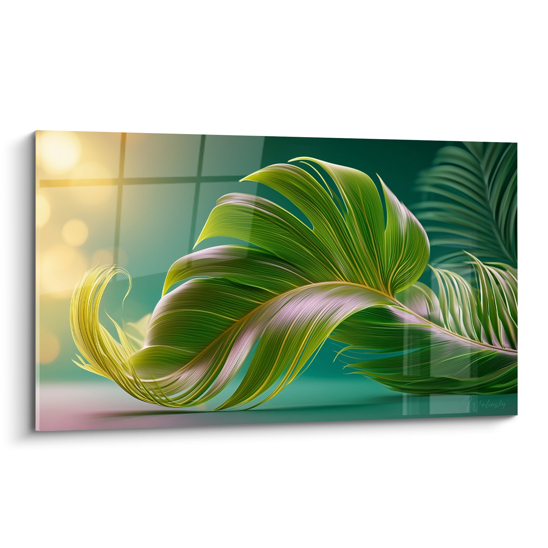 Feuille de palmier vert émeraude enroulée aux reflets rose et doré sur fond turquoise flou