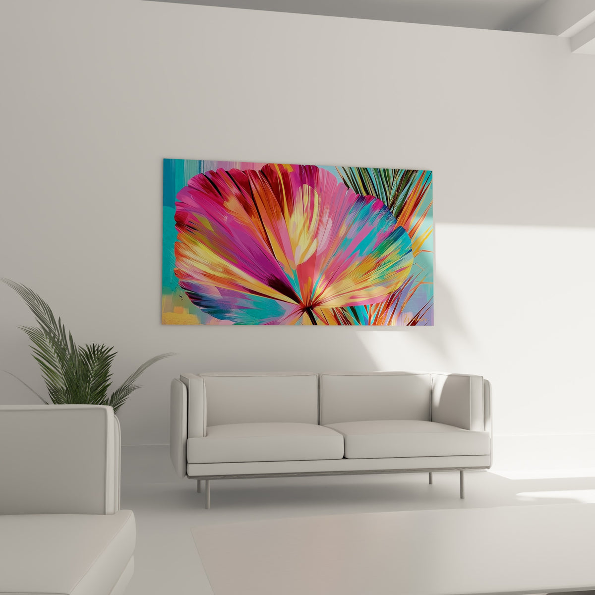 Feuille tropicale rose vif et violette accrochée au-dessus d'un canapé dans un salon lumineux