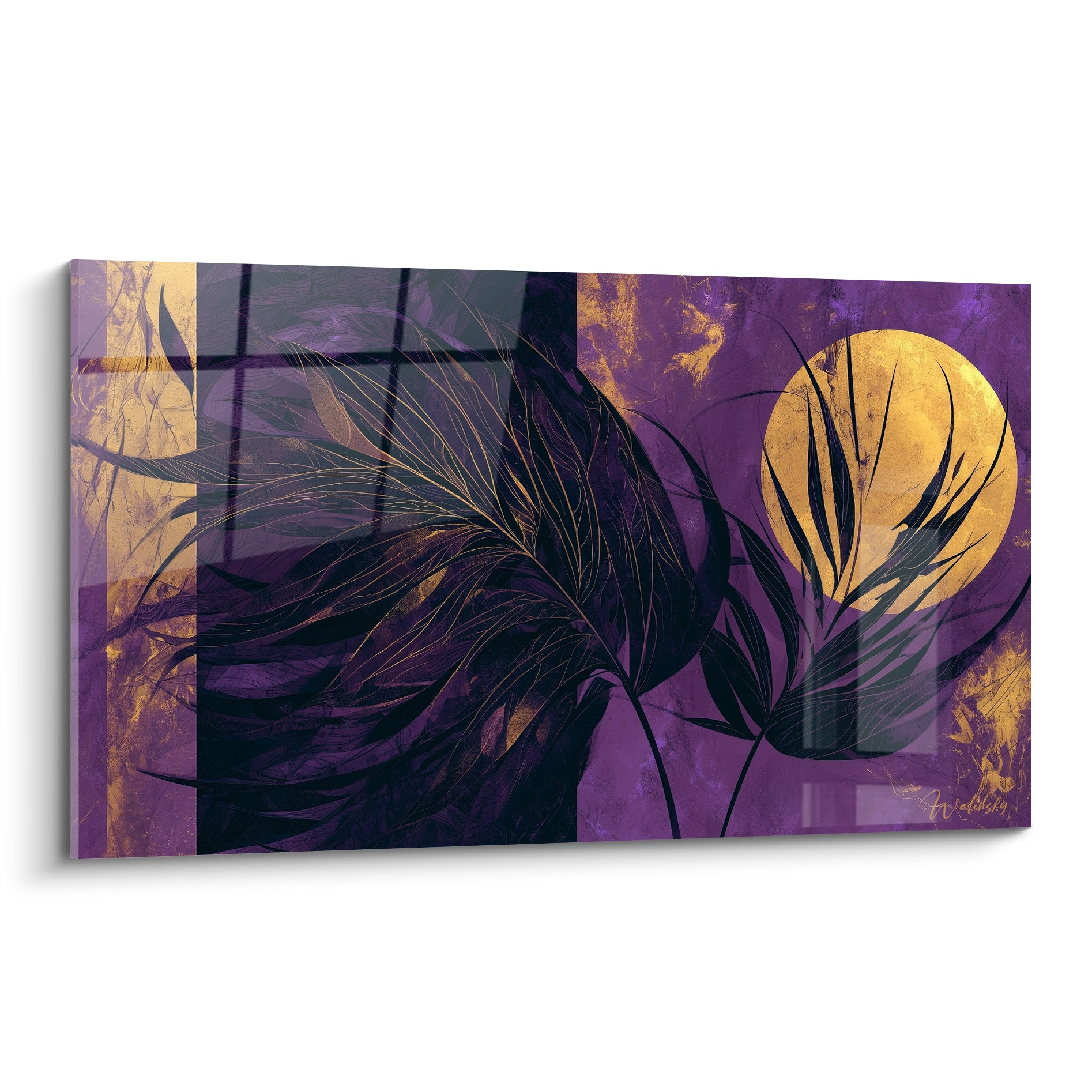 Feuille de palmier noire aux nervures dorées se déployant devant une lune ambrée sur fond violet