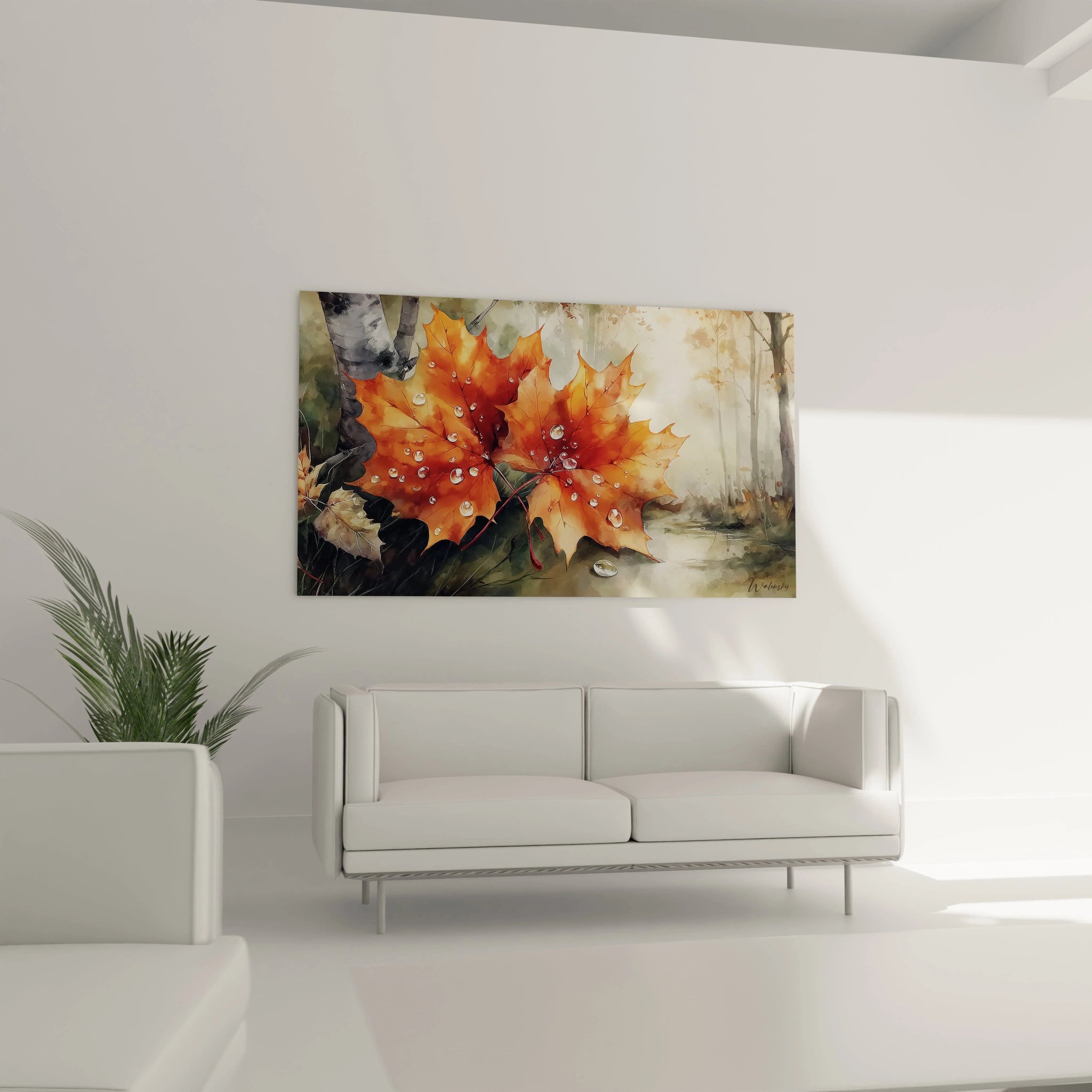Walensky tableau mural avec tableau feuille d'érable automne orange et gouttes d eau style aquarelle décor salon moderne