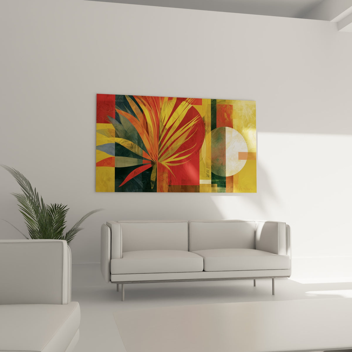 Composition tropicale rouge et vert anthracite représentant une feuille de palmier, au-dessus d'un canapé dans un salon lumineux