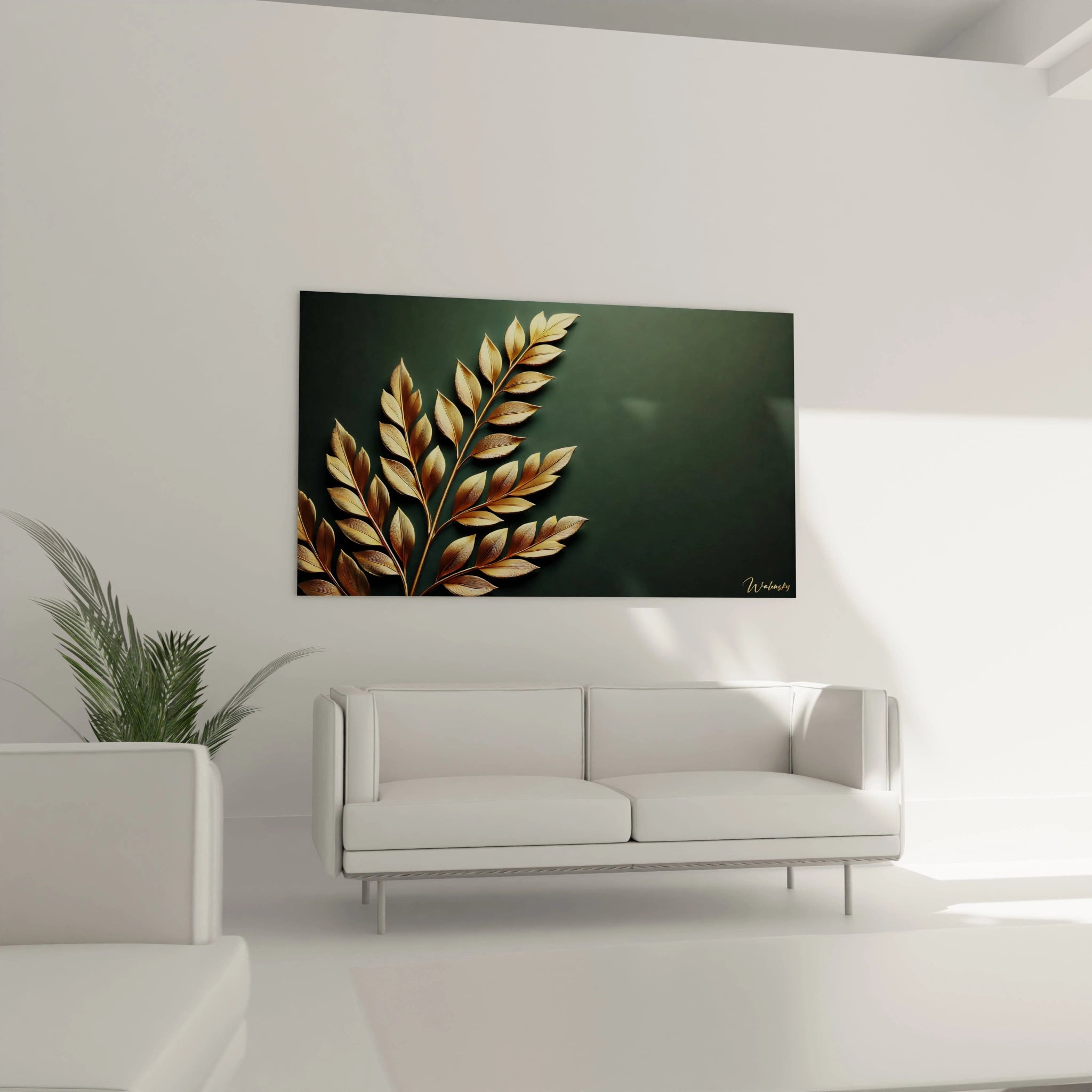 Sublimez votre salon avec ce tableau Feuille d'Or accroché au-dessus du canapé. Ses reflets d'or capturent la lumiere, revelant des nuances captivantes et un contraste enchanteur avec le fond vert sombre.
