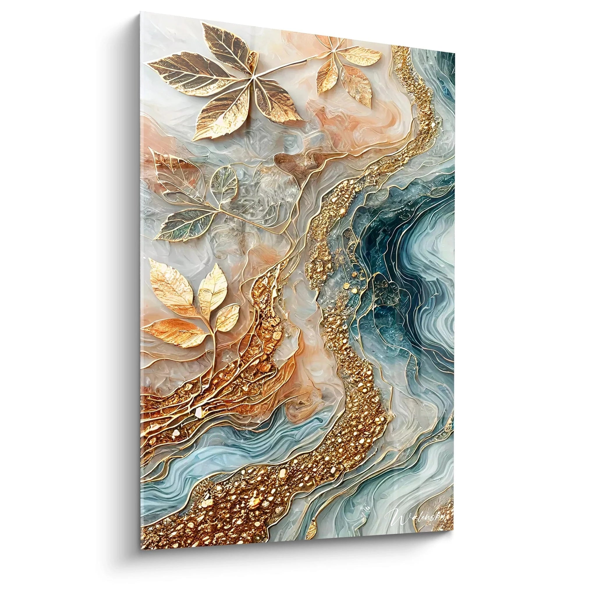 tableau style epoxy vu de biais feuilles dorees texturées reflets tridimensionnels vagues harmonieuses teintes or bleu beige inspiration nature automnale élégance abstraite captivante et organique