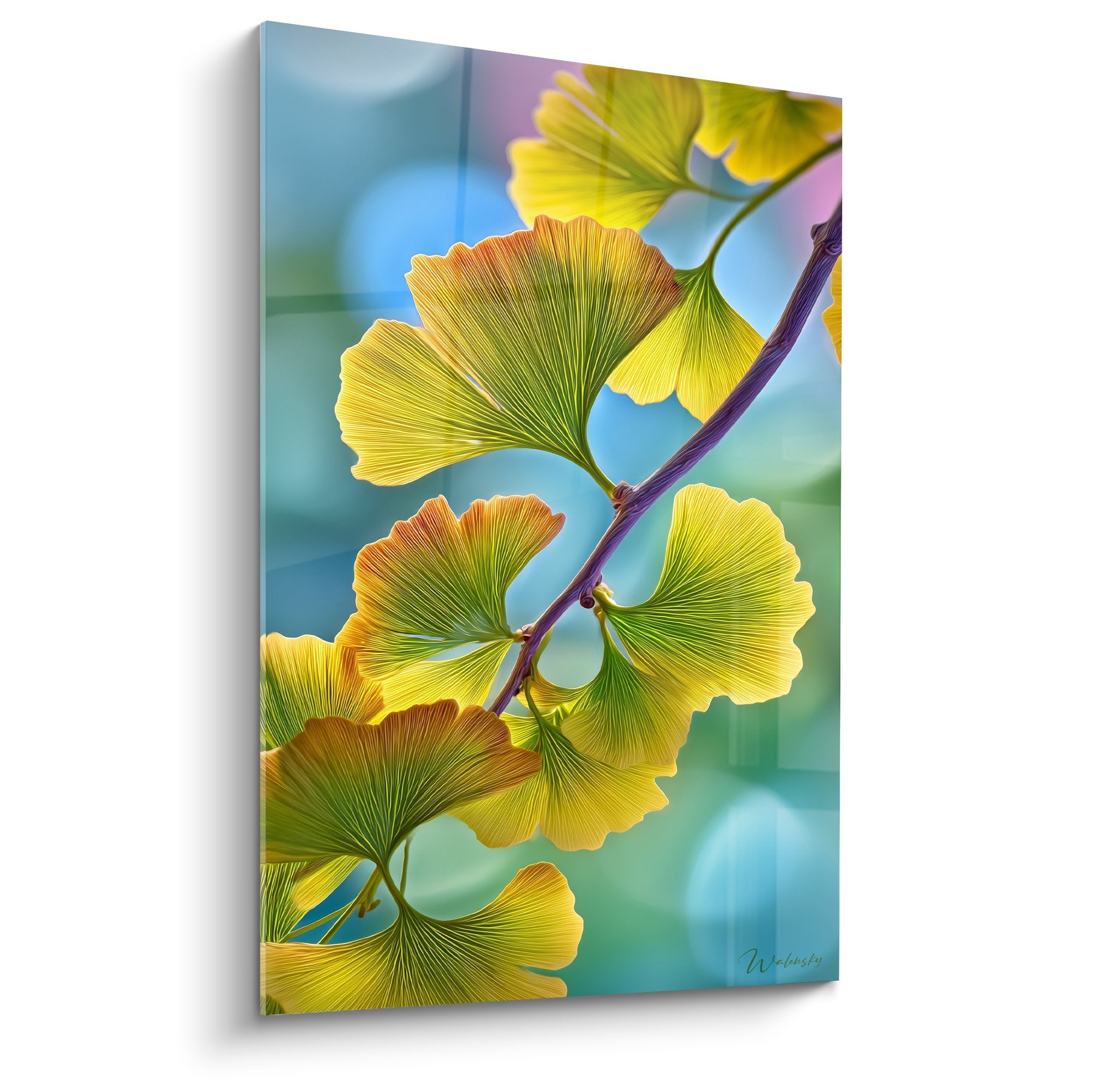 Tableau feuilles ginkgo dorees branche pourpre fond turquoise art nature moderne decoration murale