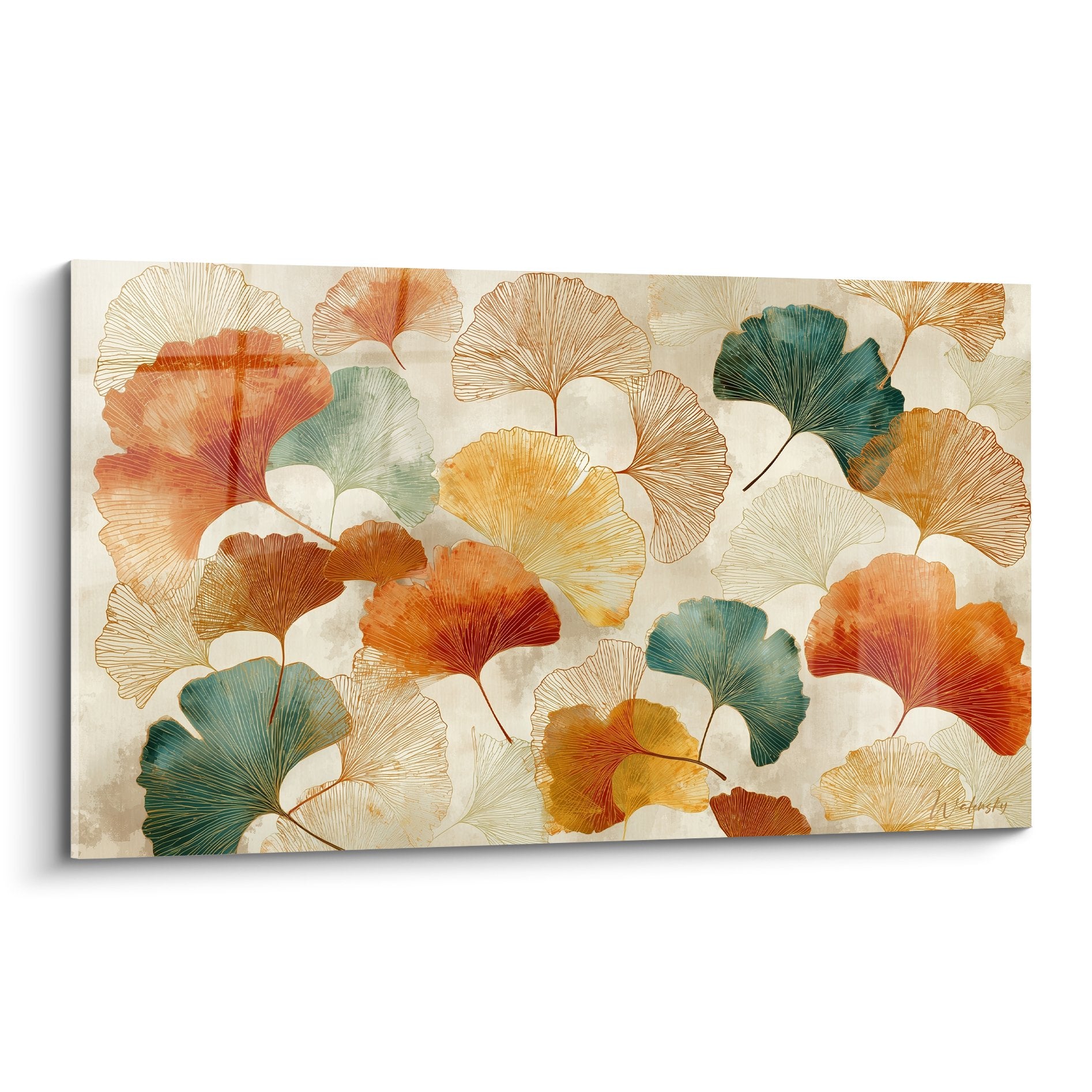 Dekoratives Gemälde mit mehrfarbigen Ginkgoblättern in Orange, Türkis und Gold auf cremefarbenem Hintergrund, moderner Aquarellstil