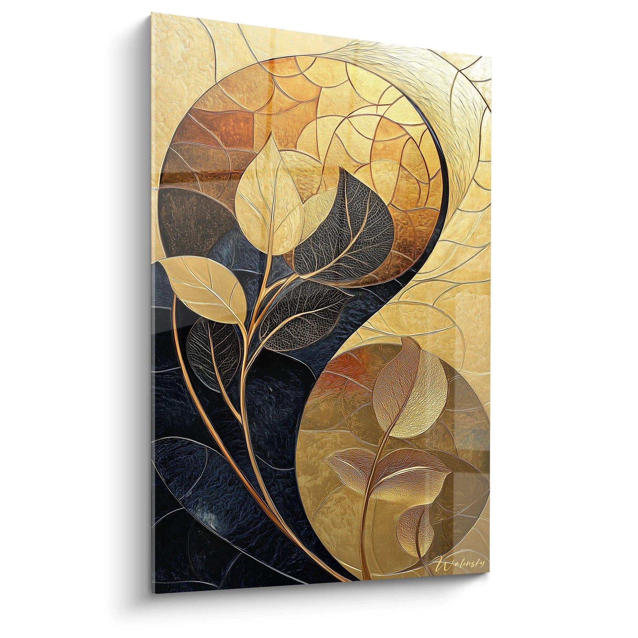 Tableau africain mural Walensky avec feuilles dorées et noires en style abstrait décoratif