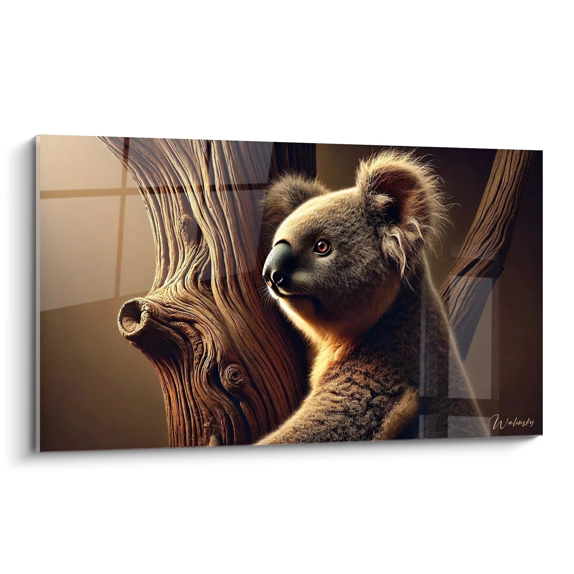 tableau koala vue de biais, ideal pour apporter une touche de douceur et de serenite. Les details du pelage et du bois captivent le regard. Ce tableau est parfait pour tout interieur naturel et paisible