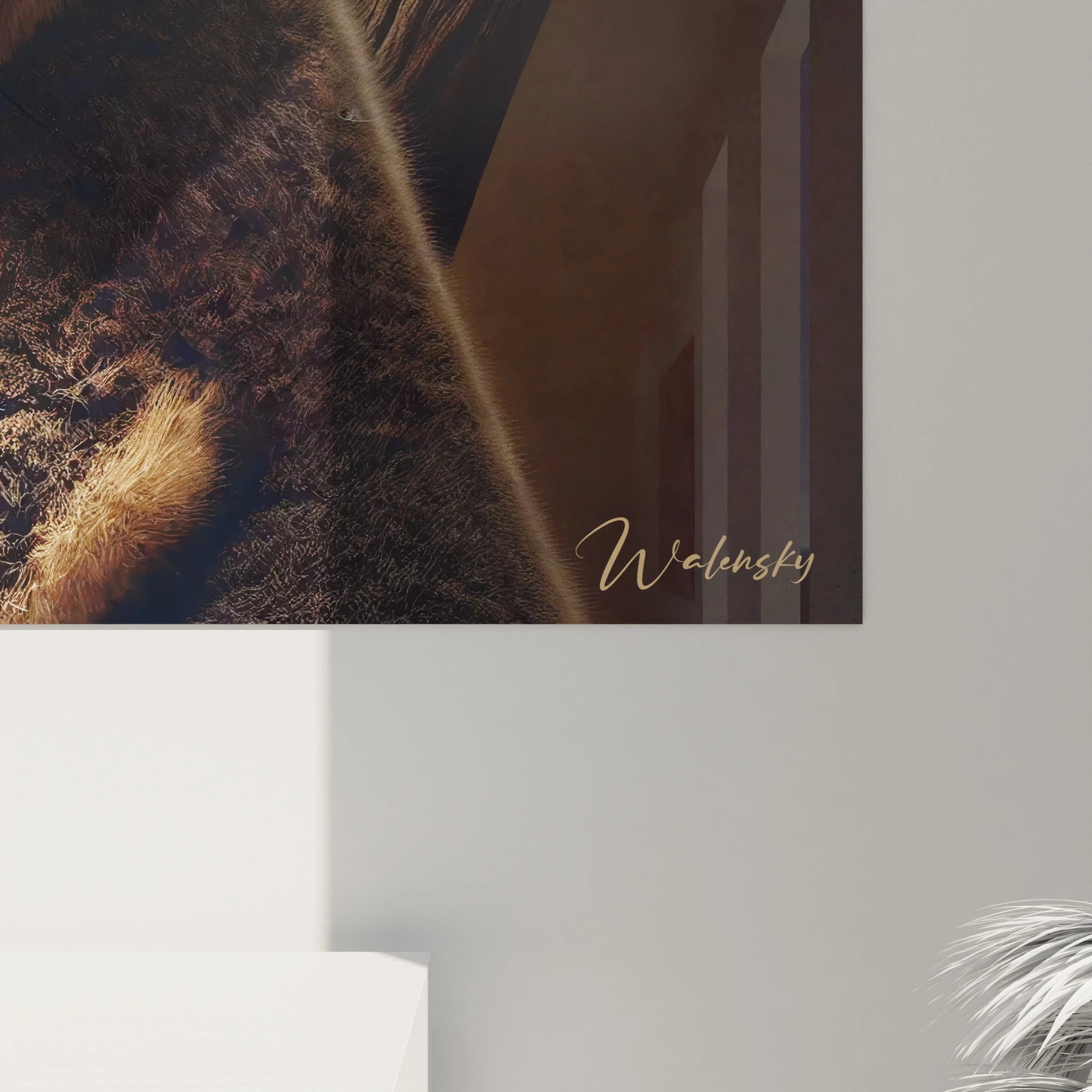 vue de pres du tableau koala mettant en avant les details precis du pelage et de l ecorce. Ce tableau koala offre un relief saisissant grace aux jeux de lumiere et a une composition soignee