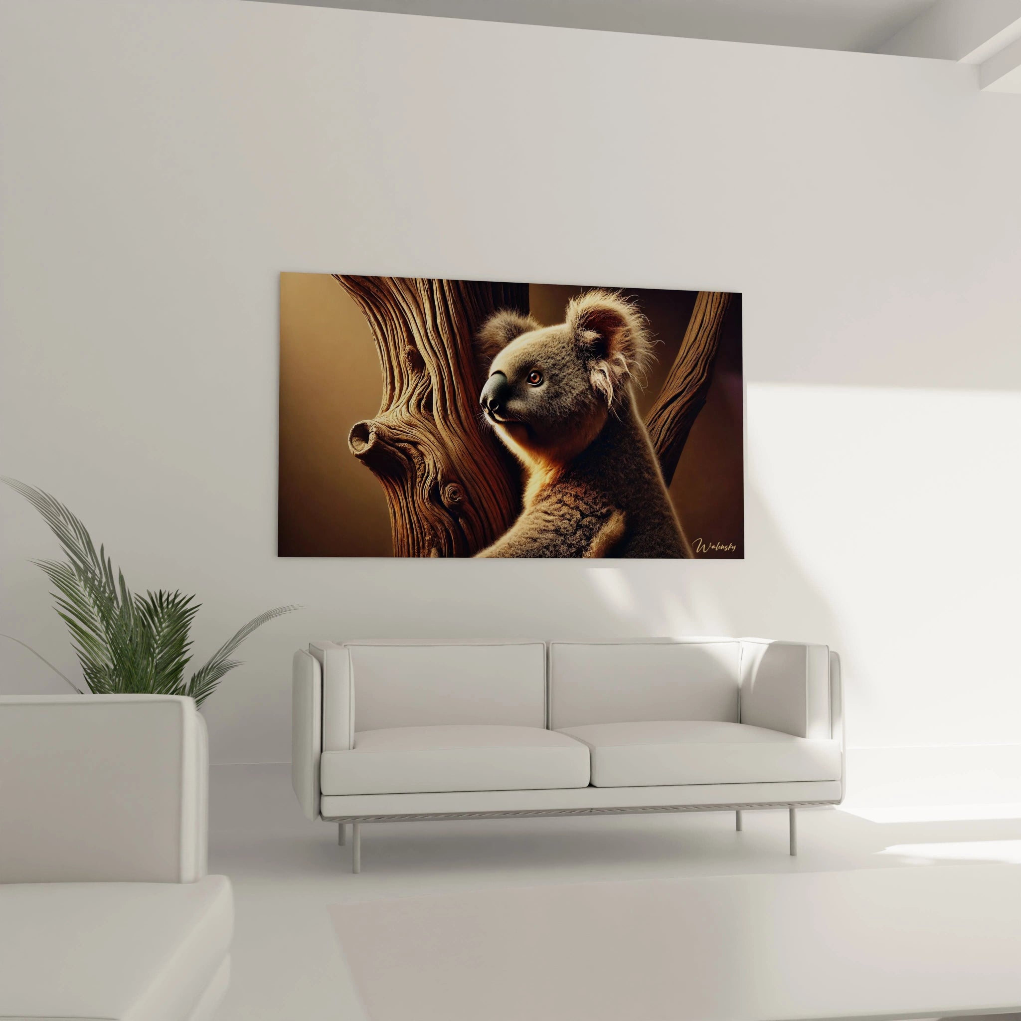 tableau koala accroché au dessus du canapé dans le salon. Avec ses nuances naturelles, il se fond dans les decors boisés ou minimalistes. Apportez de la chaleur et de la serenite a votre salon
