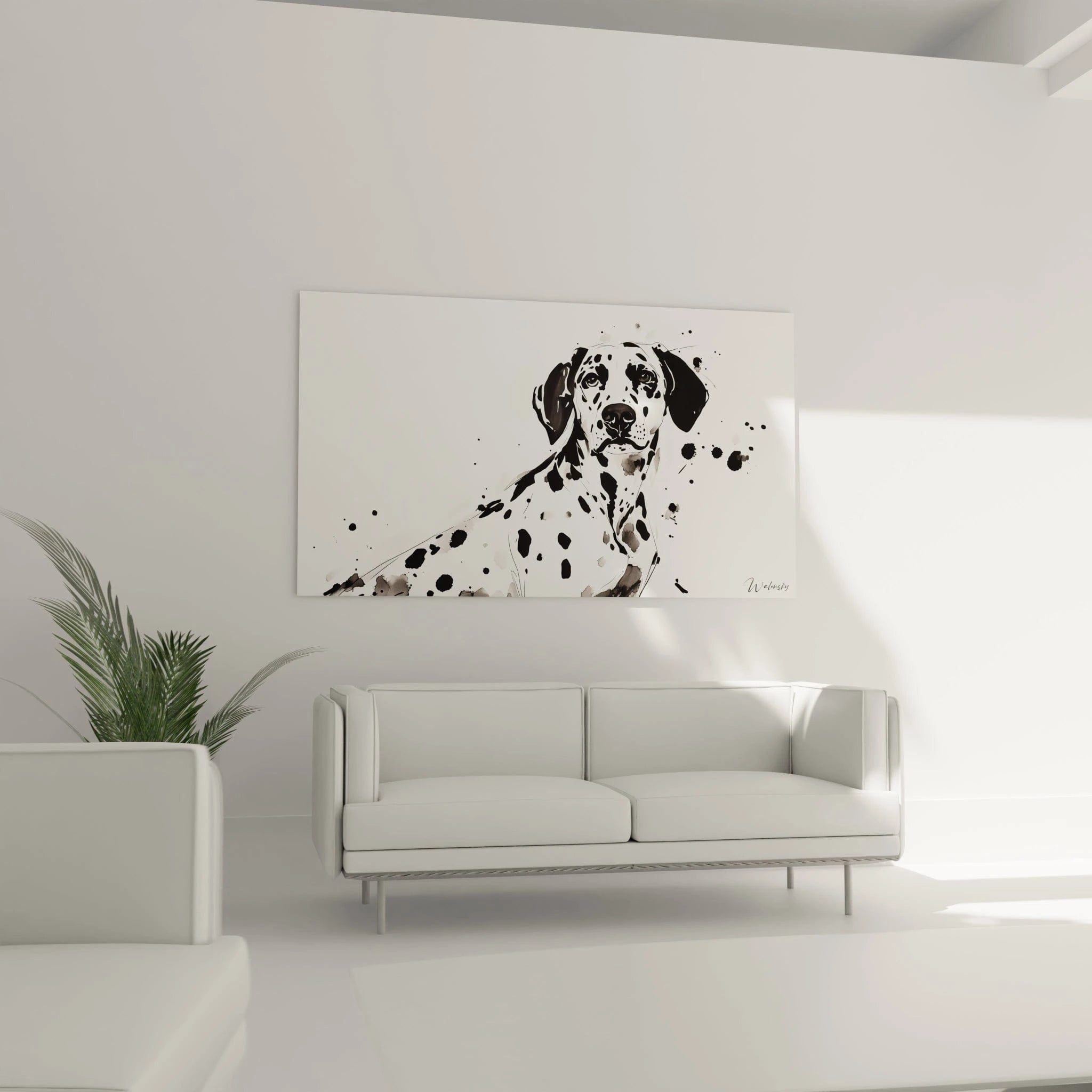 Tableau noir et blanc d'un Dalmatien avec des éclaboussures artistiques pour la décoration intérieure