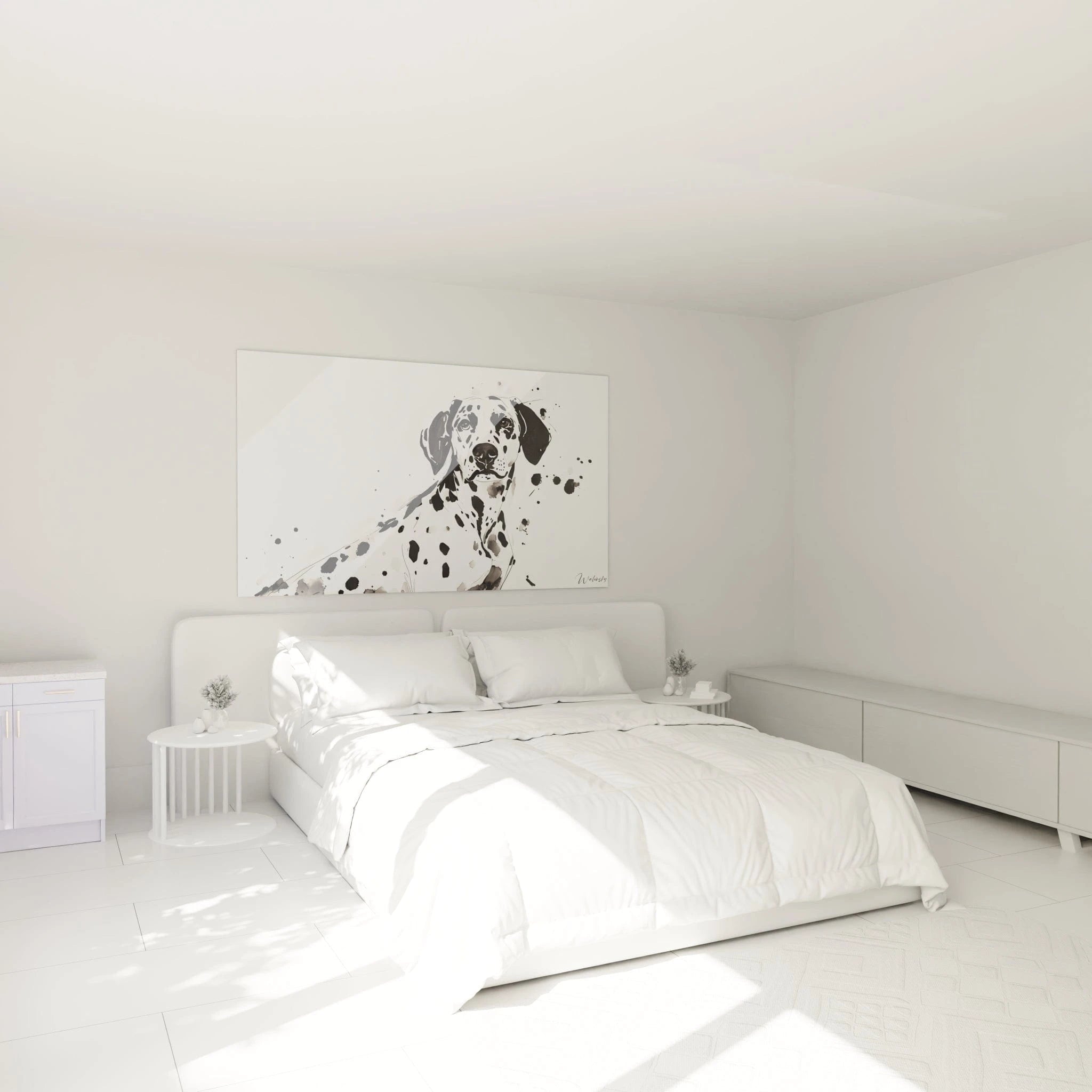Tableau noir et blanc d'un dalmatien dans une chambre moderne et lumineuse