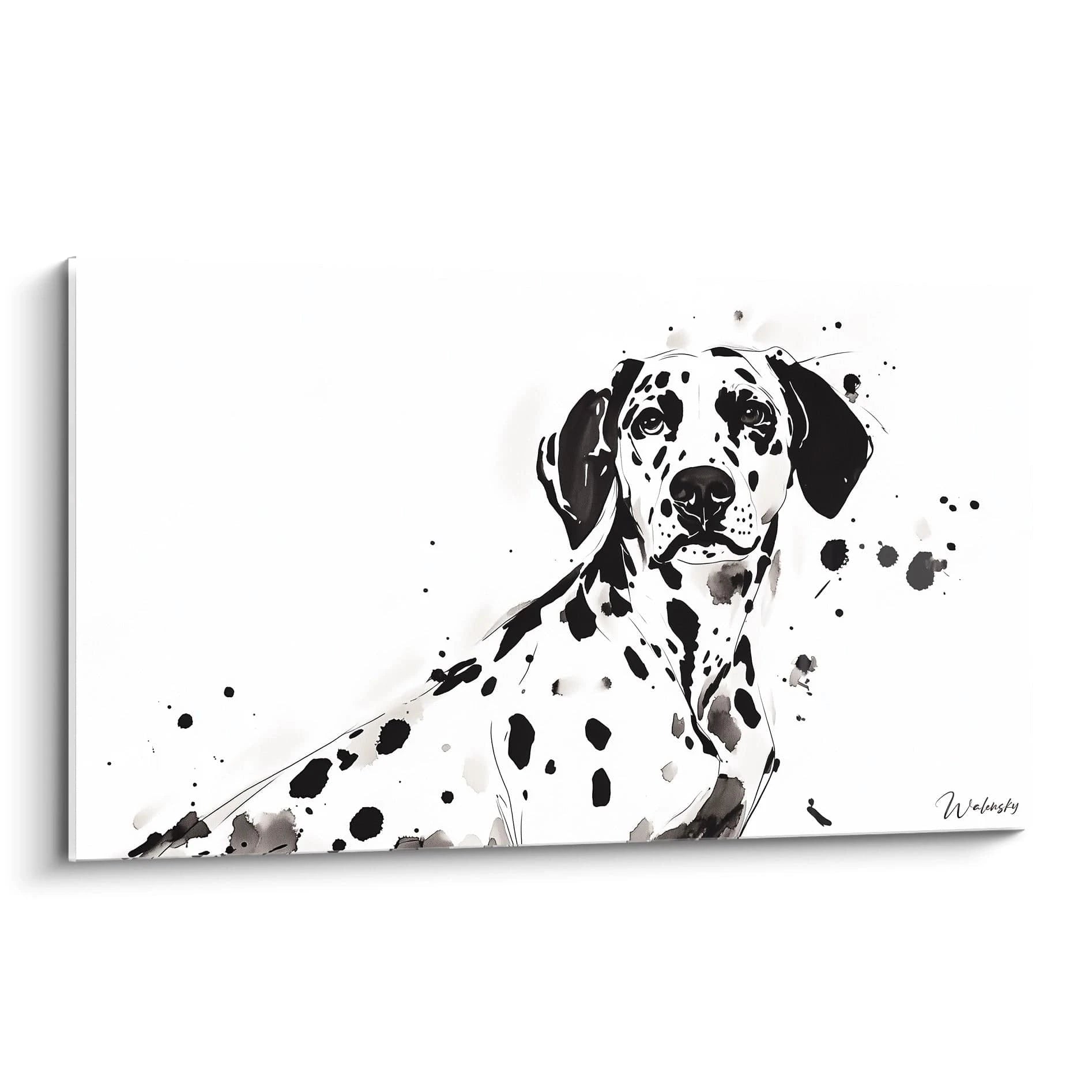 Tableau noir et blanc d'un dalmatien avec des éclaboussures artistiques de Walensky
