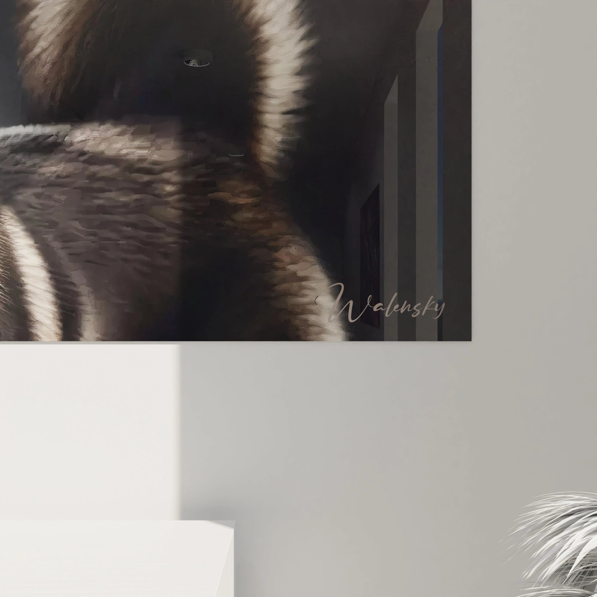 Vue rapprochee de ce tableau chien nordique. La finesse des details et le contraste des couleurs apportent realisme et profondeur, en faisant une piece maitresse dans tout espace de vie.