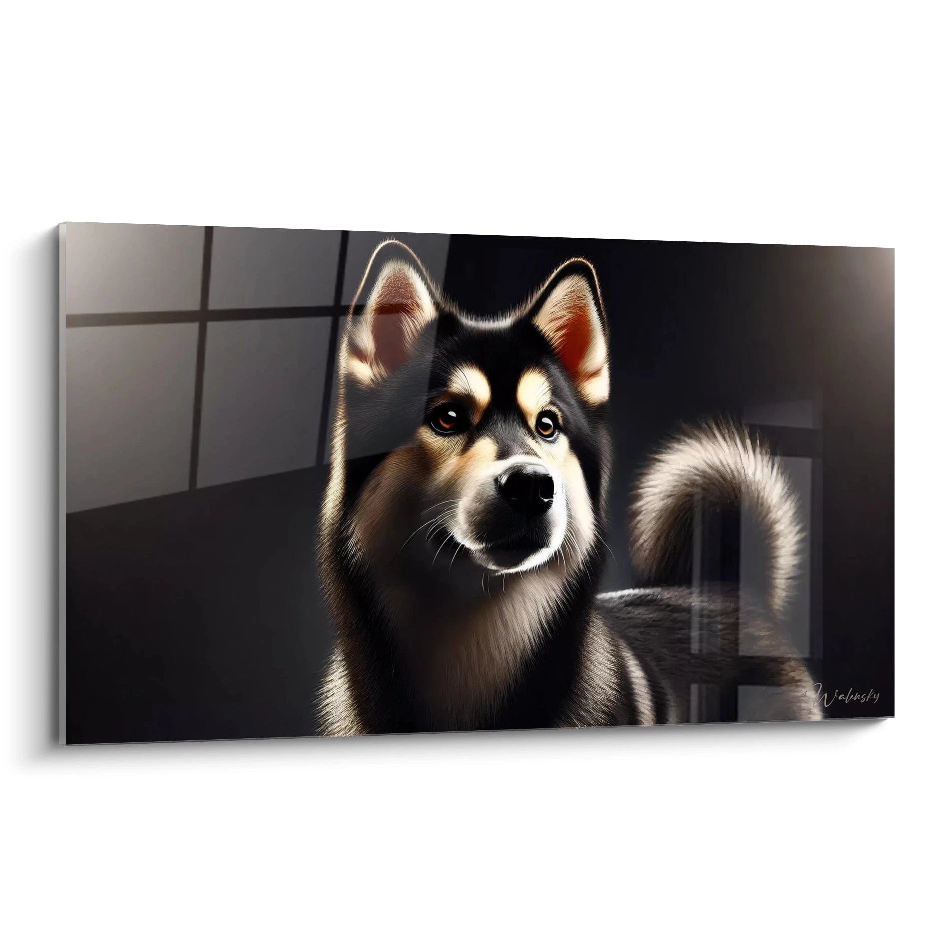 Ce tableau chien hyperrealiste de race nordique capture l essence majestueuse du husky avec des details precis. Vue de biais, ce tableau moderne s integre parfaitement dans un interieur epure.