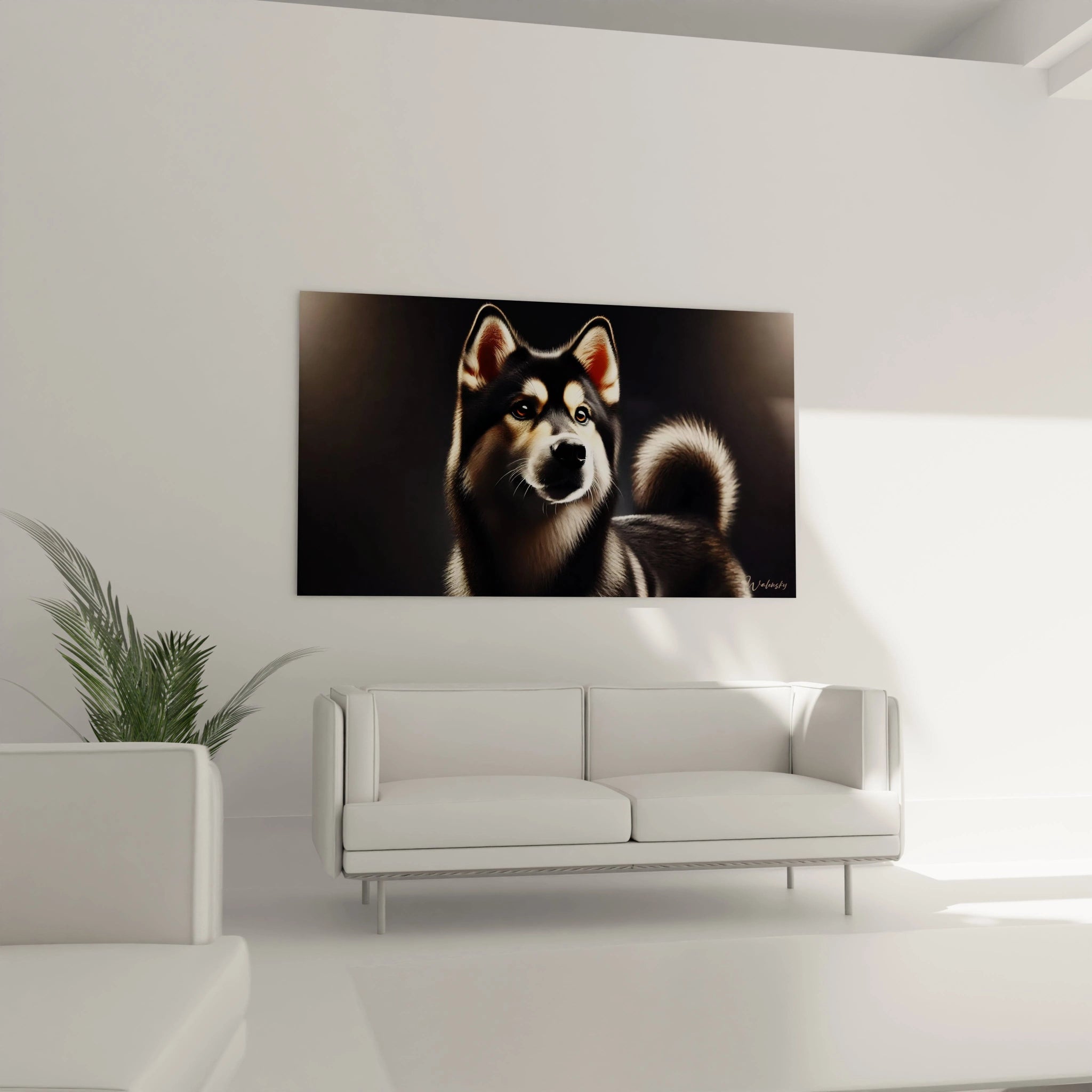 Accroche dans un salon contemporain au-dessus d un canapé, ce tableau chien nordique combine realisme et subtilite des couleurs. Ideal pour ajouter une note artistique et sophistiquee a votre decor.