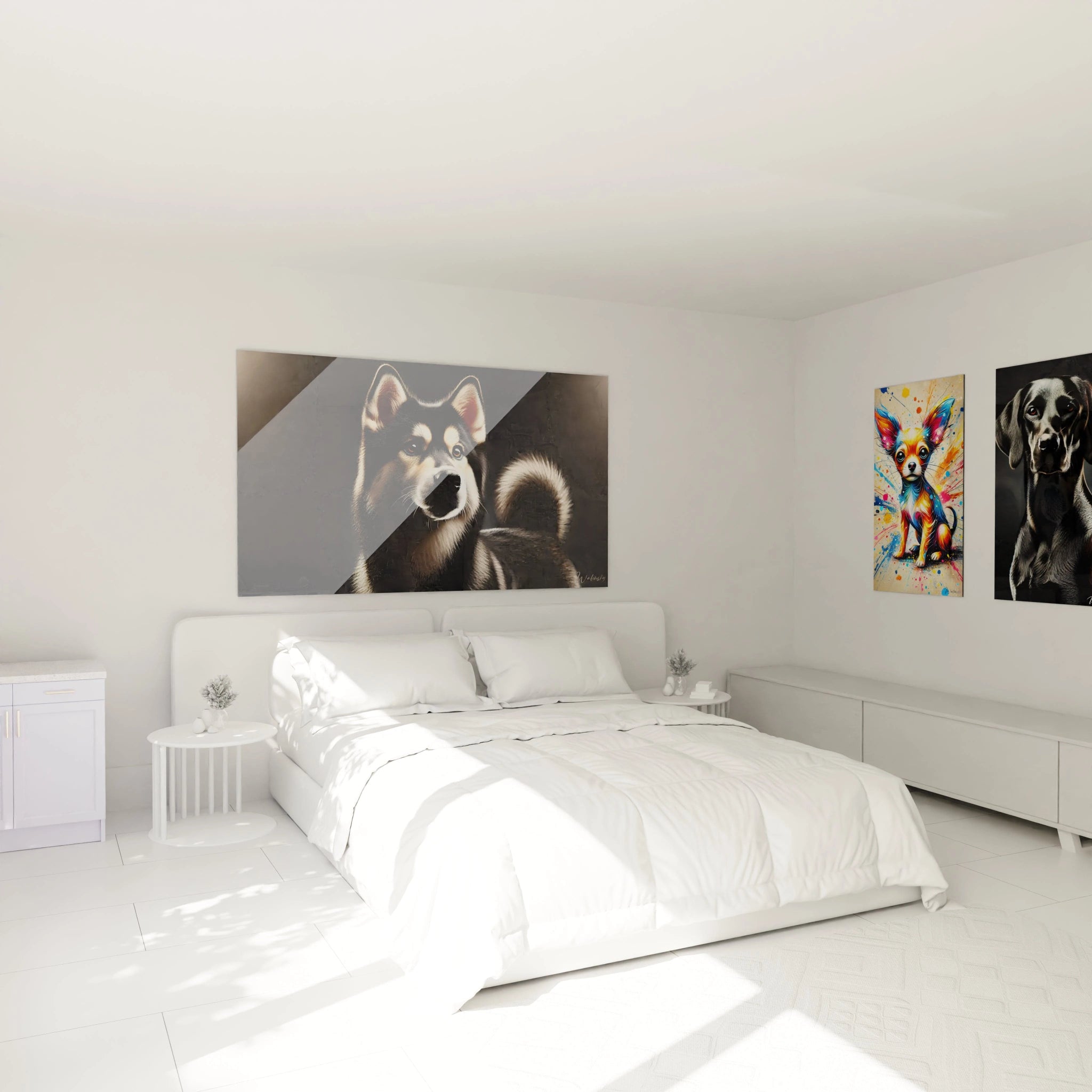 Decouvrez ce tableau chien nordique hyperrealiste au-dessus du lit dans une chambre moderne. Ce tableau mural apporte une touche d elegance a l espace et rehausse l ambiance minimaliste.