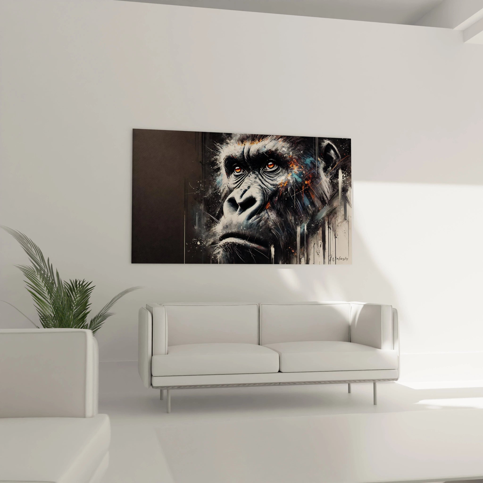 Ce tableau gorille illumine le salon en apportant une force visuelle. Son mélange de couleurs vives et de tons sombres attire tous les regards au-dessus du canapé.