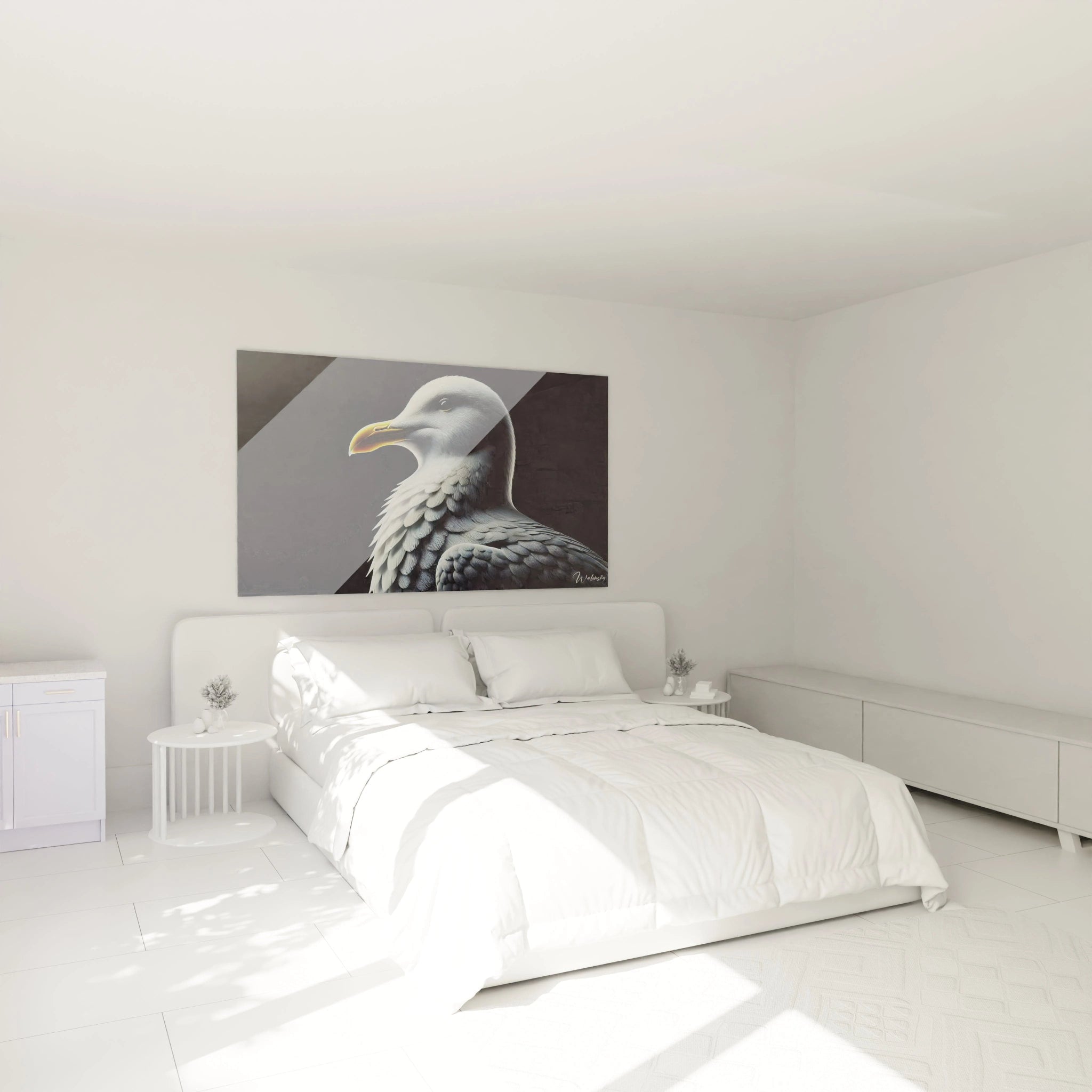 dans une chambre au dessus du lit ce tableau mouette ajoute une touche d'élégance avec son contraste subtil de blanc noir et jaune il apporte calme et harmonie à votre espace de repos