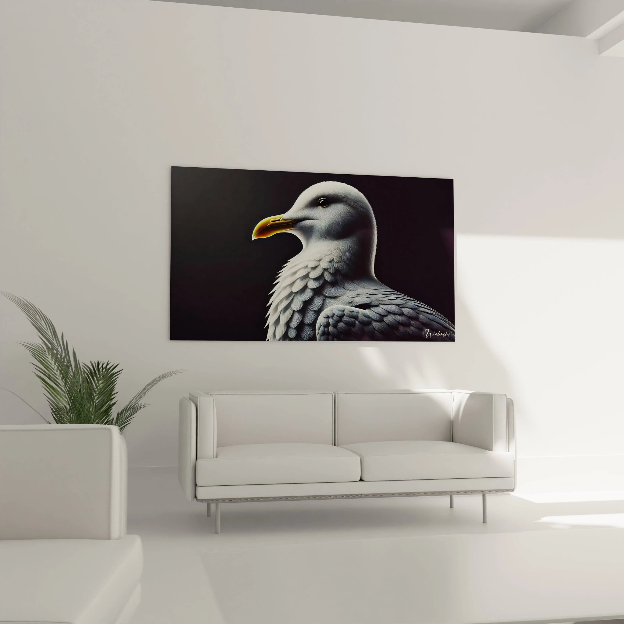 tableau mouette accroché au mur dans un salon au dessus du canapé ce tableau mouette attire le regard avec son traitement contemporain et son fond sombre qui accentue la beauté de l'oiseau