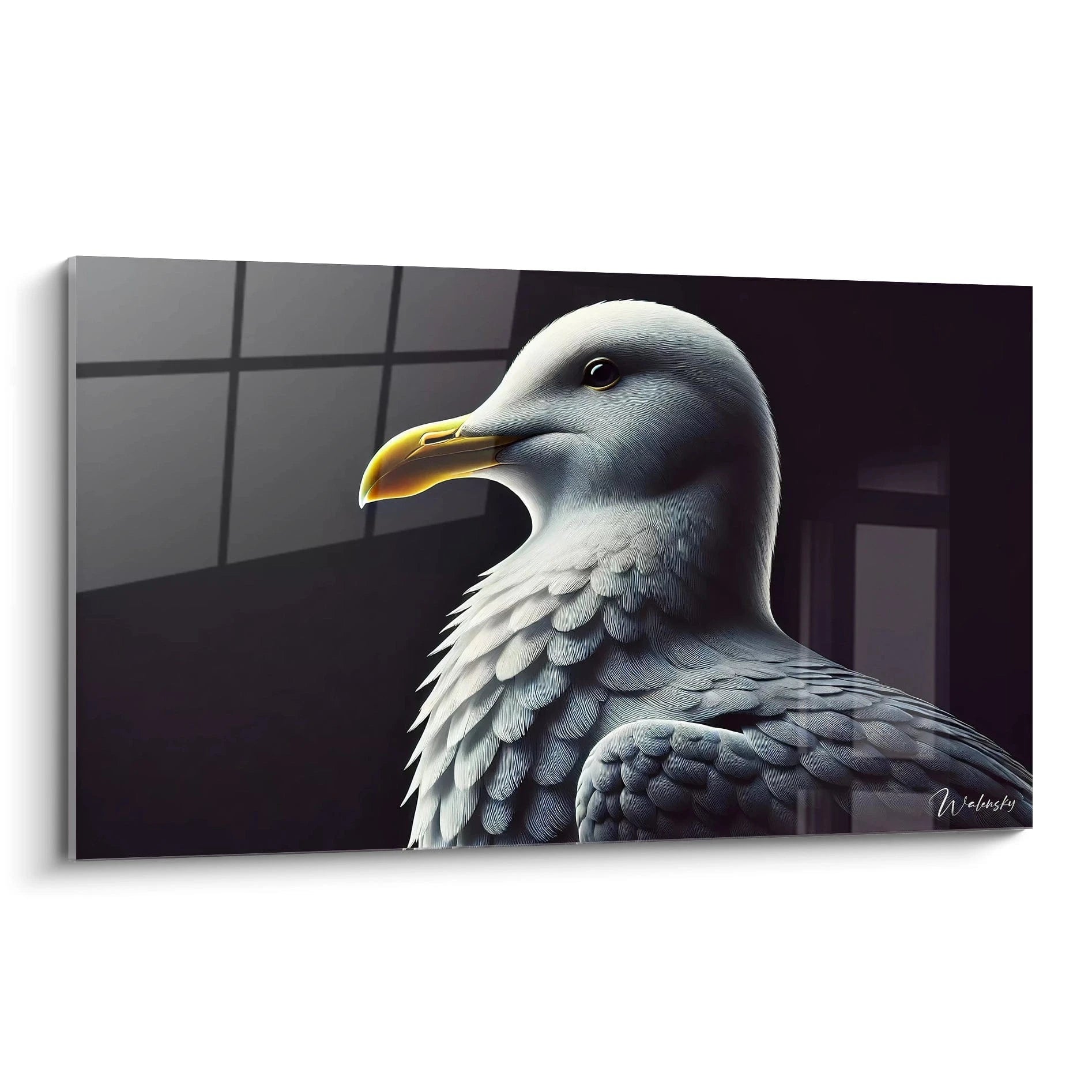 tableau mouette vue de biais ce tableau met en valeur la majesté de la mouette avec des détails minutieux chaque plume est sublimée par un fond sombre apportant profondeur et mystère à l'oeuvre